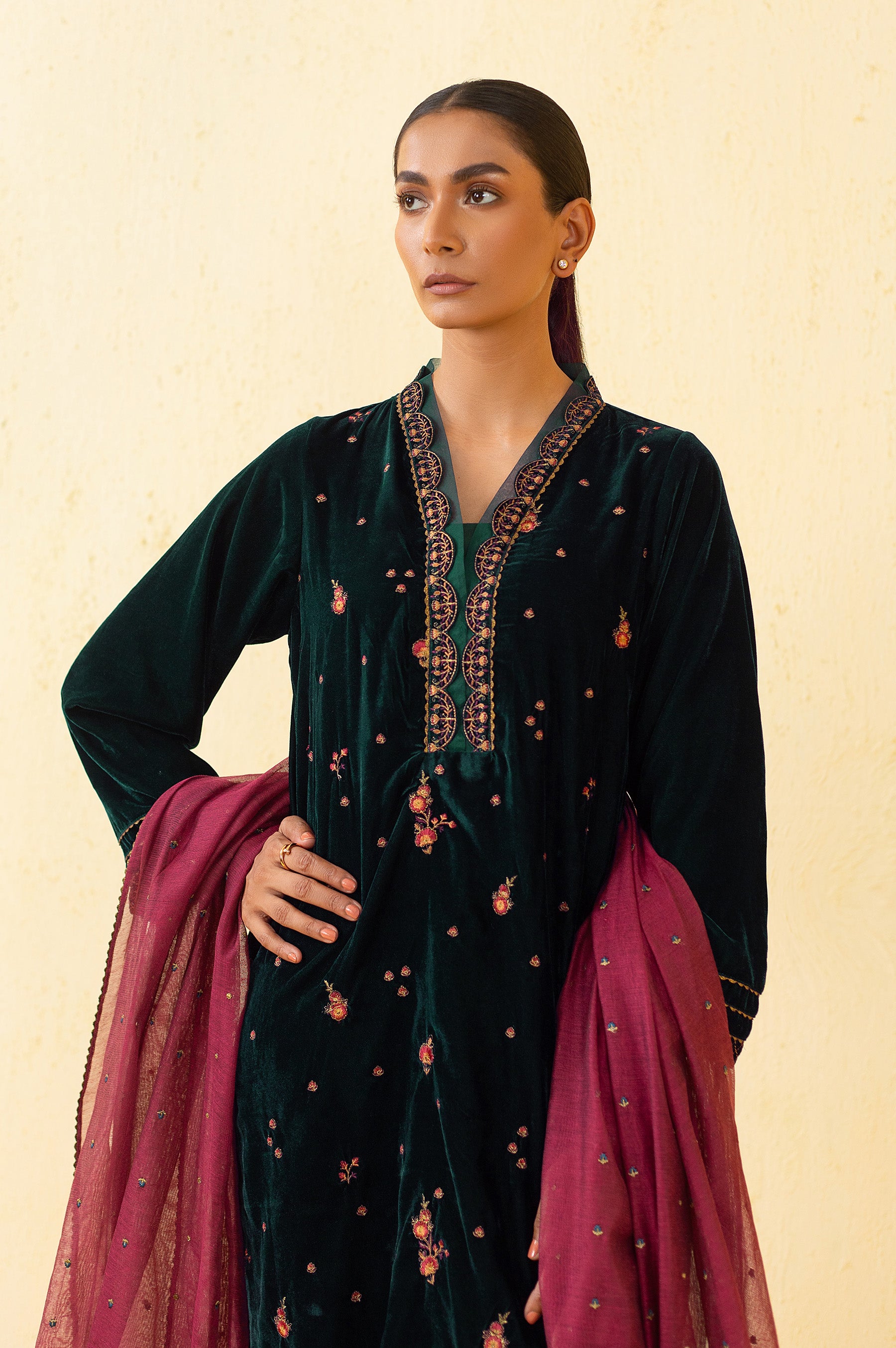 Stitched 3 Piece Embroidered Velvet Suit - Teal Green