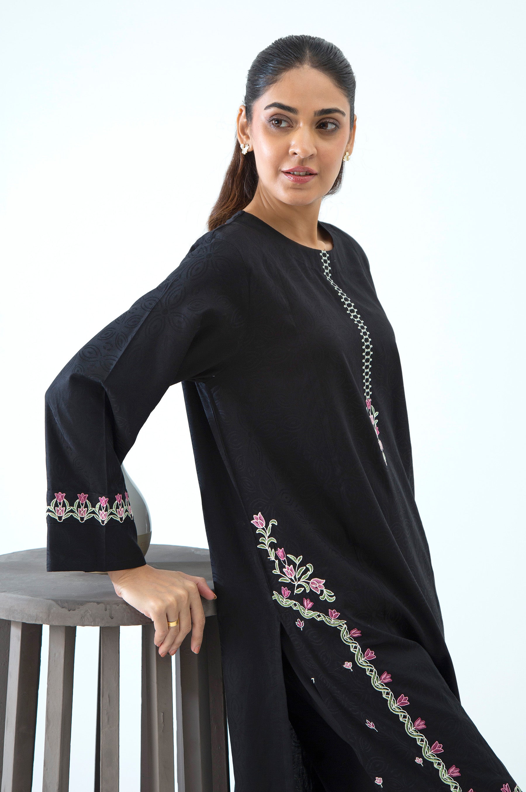 STITCHED EMBROIDERED SATIN JACQUARD SHIRT BOTTOM