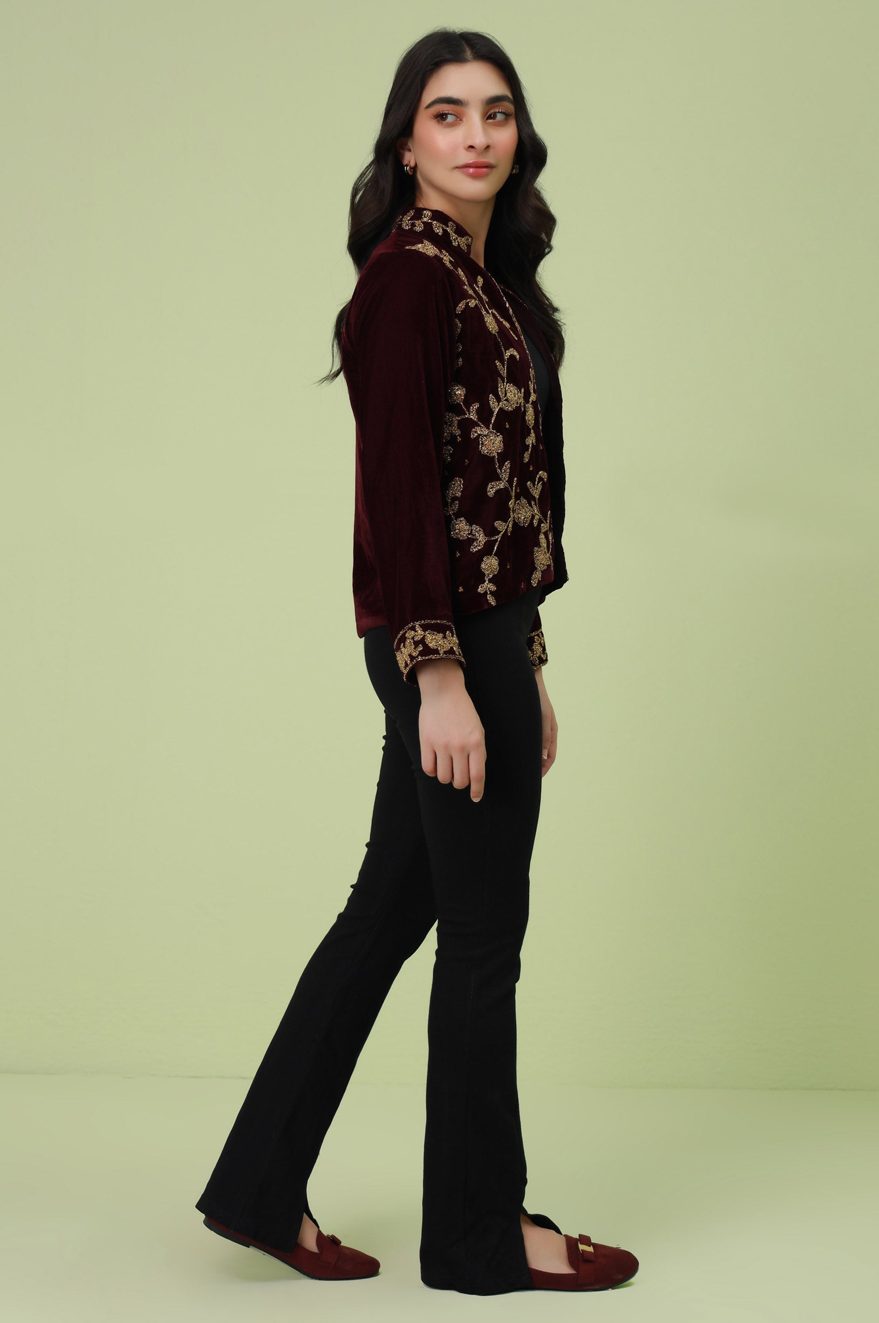 Stitched 1 Piece Embroidered Velvet Jacket - Maroon (FACTORY E-OUTLET)
