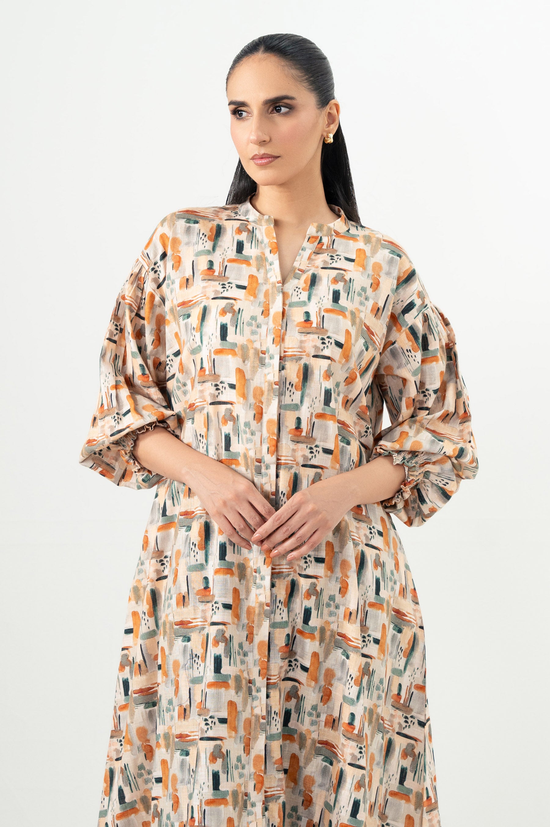 Stitched 1 Piece Digital Printed Stylized Cross Hatch Khaddar Long Dress