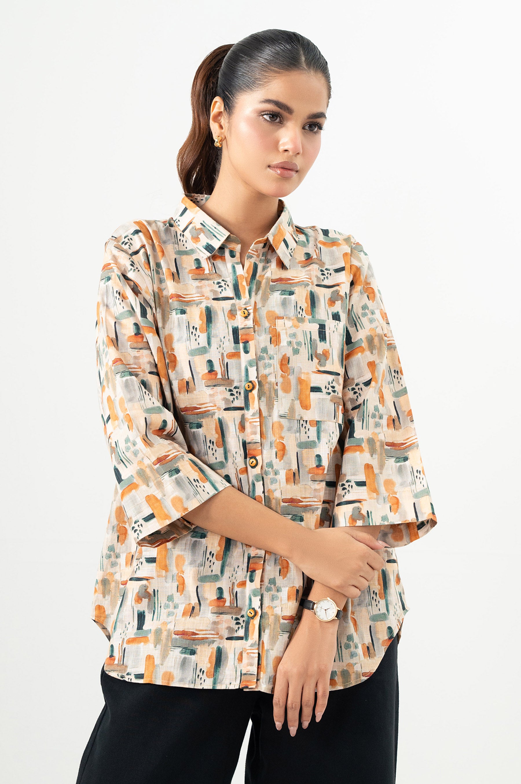 Stitched 1 Piece Digital Printed Stylized Cross Hatch Khaddar Top