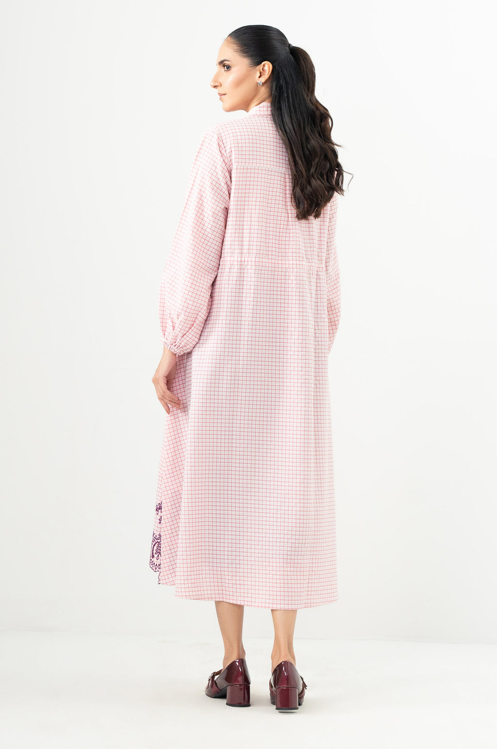 Stitched 1 Piece Yarn Dyed Checks Embroidered Long Dress