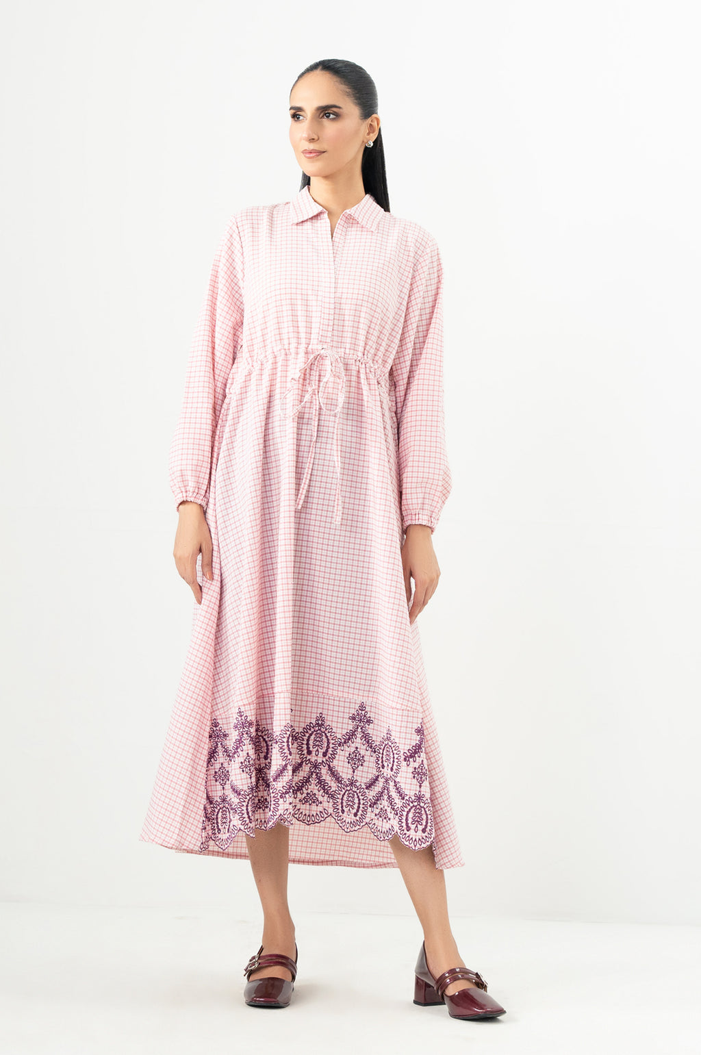Stitched 1 Piece Yarn Dyed Checks Embroidered Long Dress