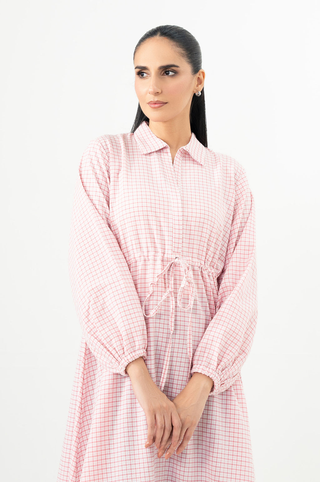 Stitched 1 Piece Yarn Dyed Checks Embroidered Long Dress