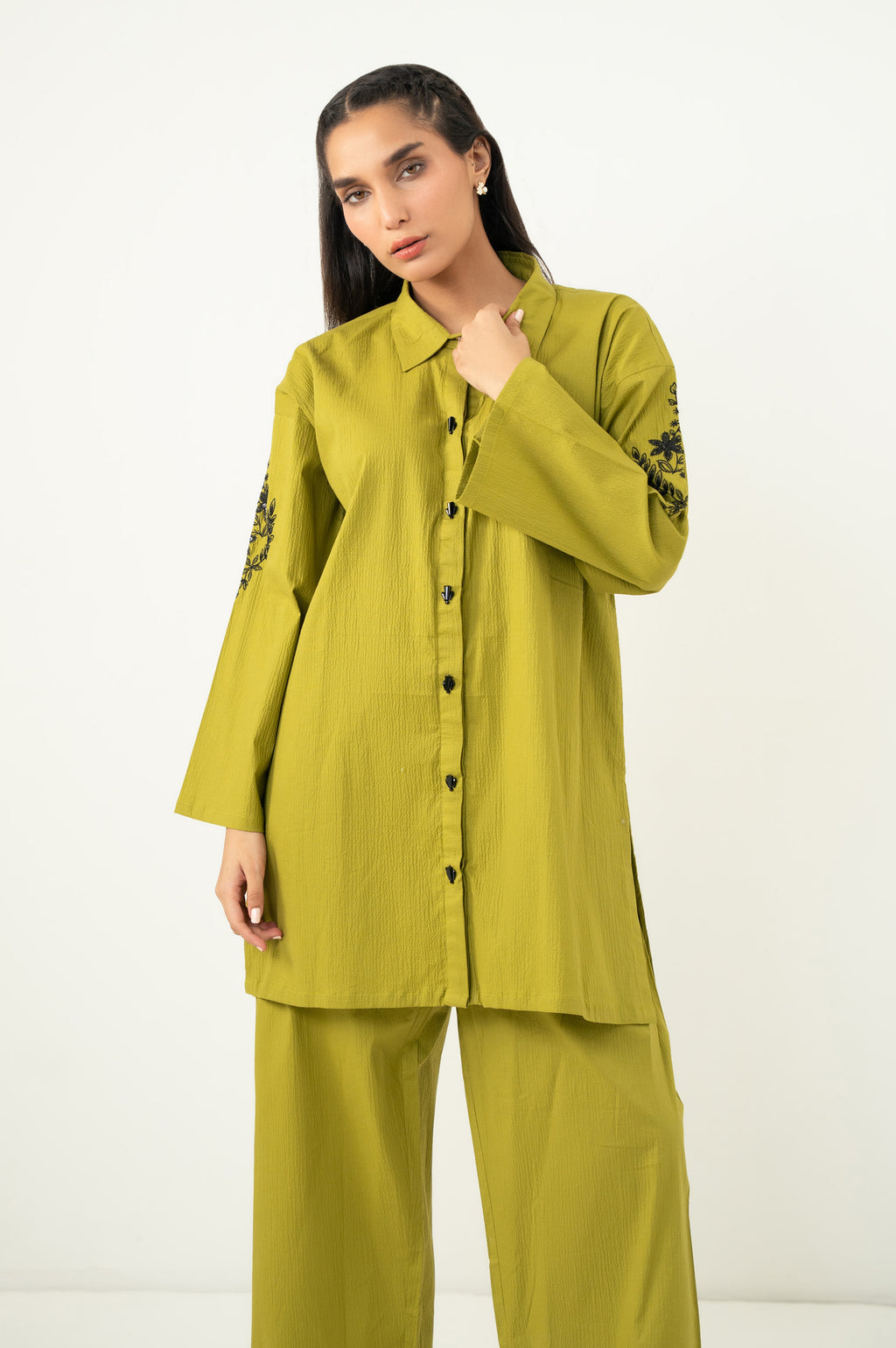 Stitched 2 Piece Embroidered Cotton Lycra Suit