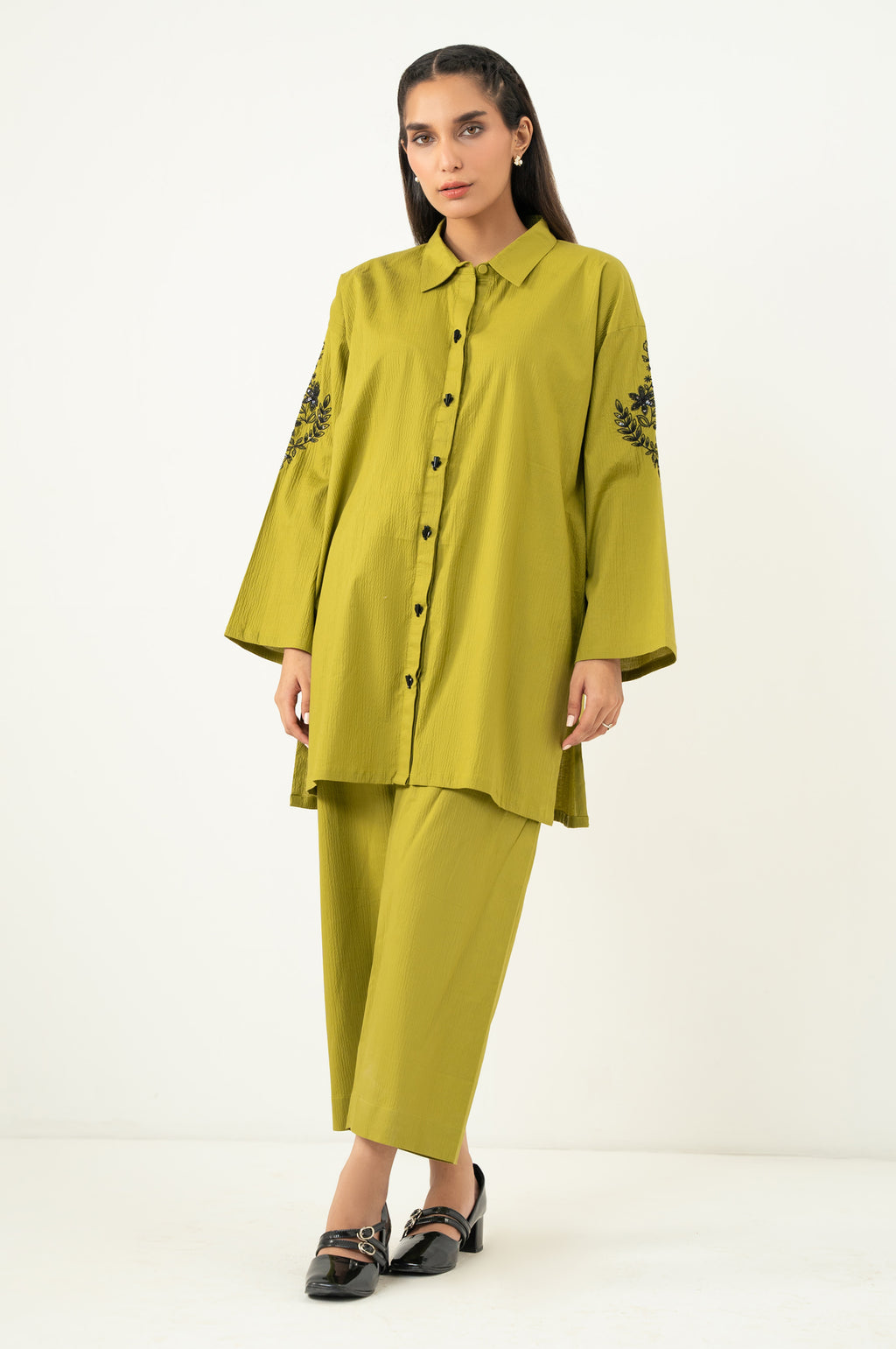 Stitched 2 Piece Embroidered Cotton Lycra Suit