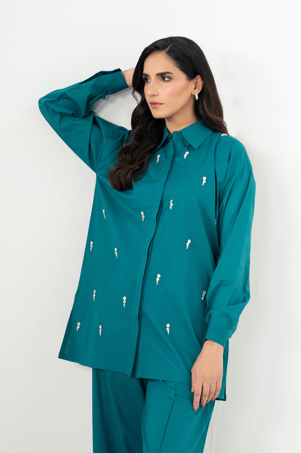 Stitched 2 Piece Embellished Cotton Lycra Suit