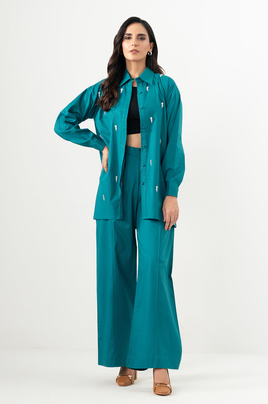 Stitched 2 Piece Embellished Cotton Lycra Suit