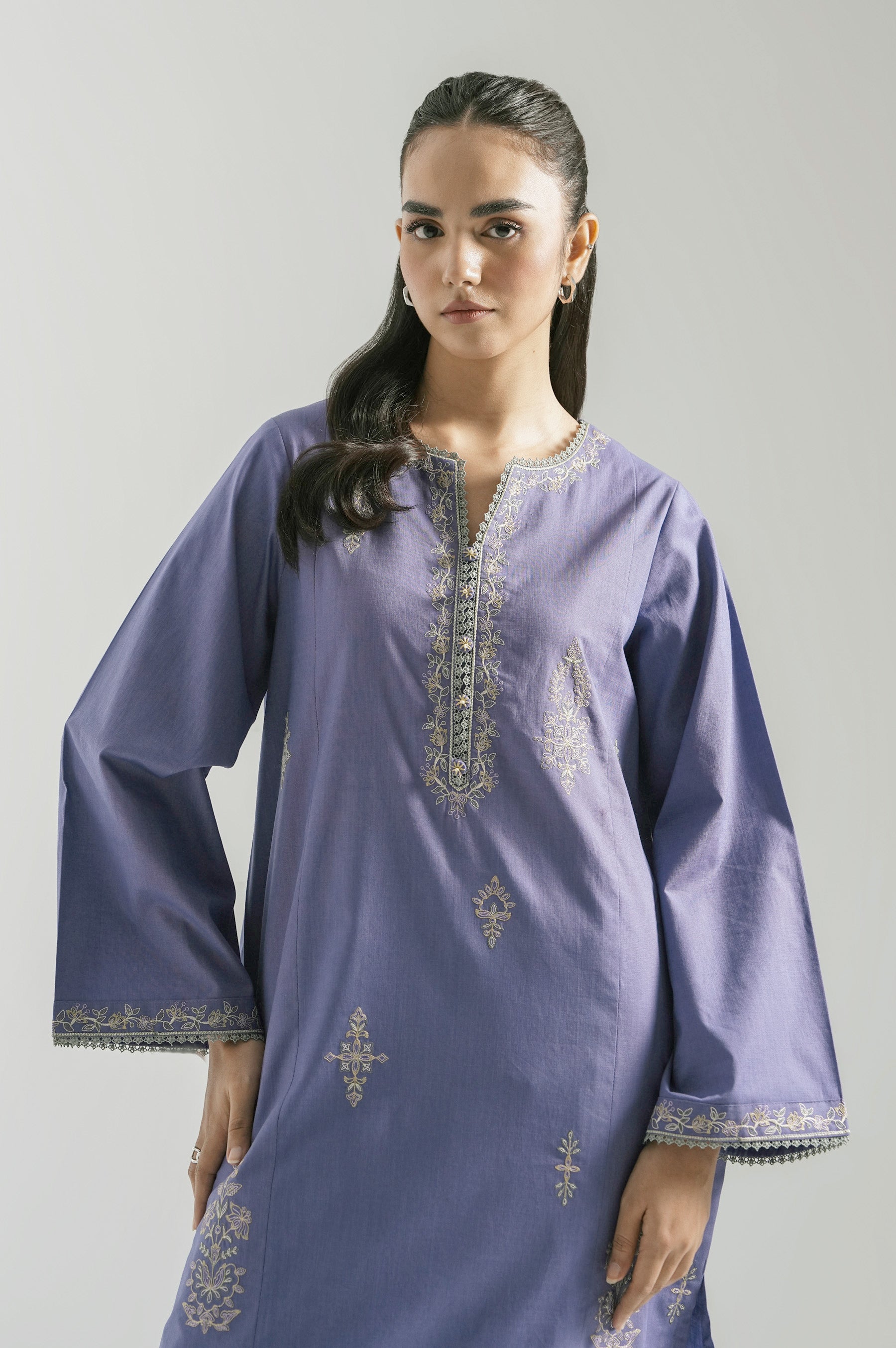 STITCHED EMBROIDERED COTTON SLUB SHIRT BOTTOM