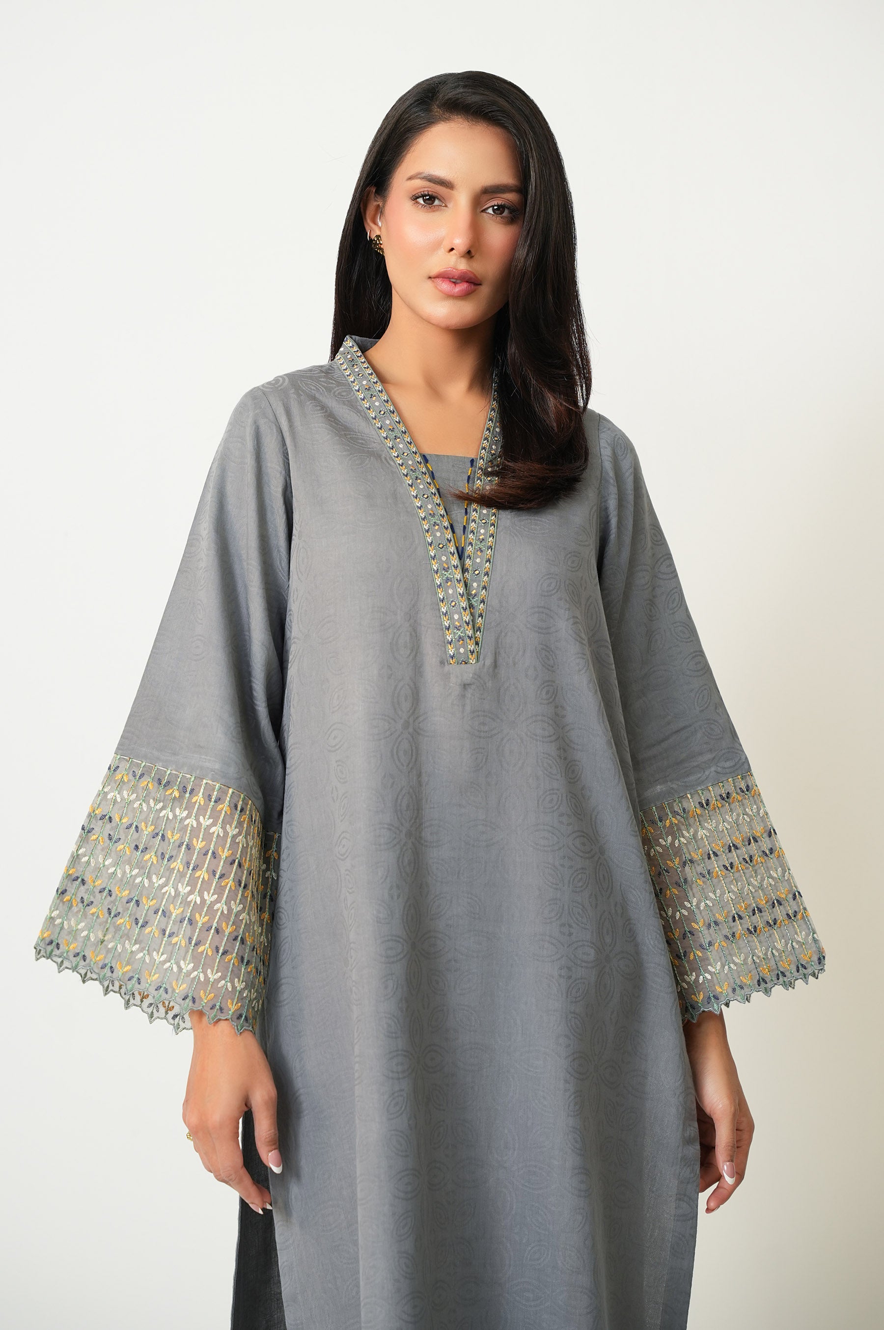 STITCHED EMBROIDERED SATIN JACQUARD SHIRT BOTTOM