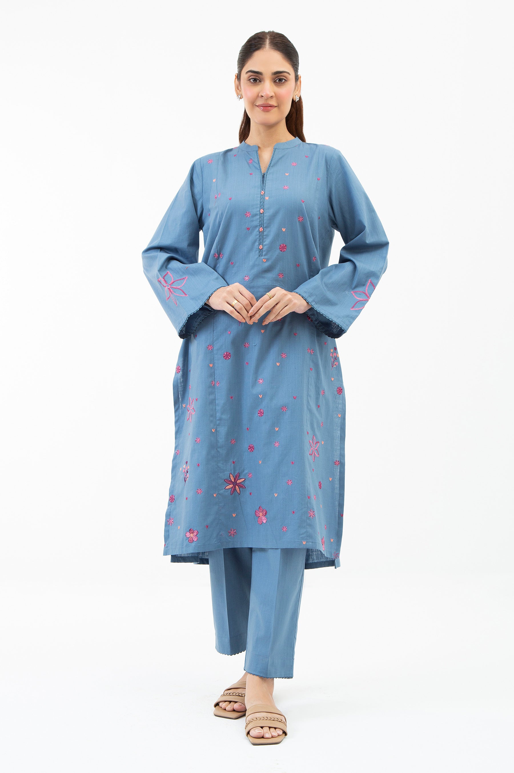 EMBROIDERED COTTON SLUB STITCHED 2 PIECE SUIT