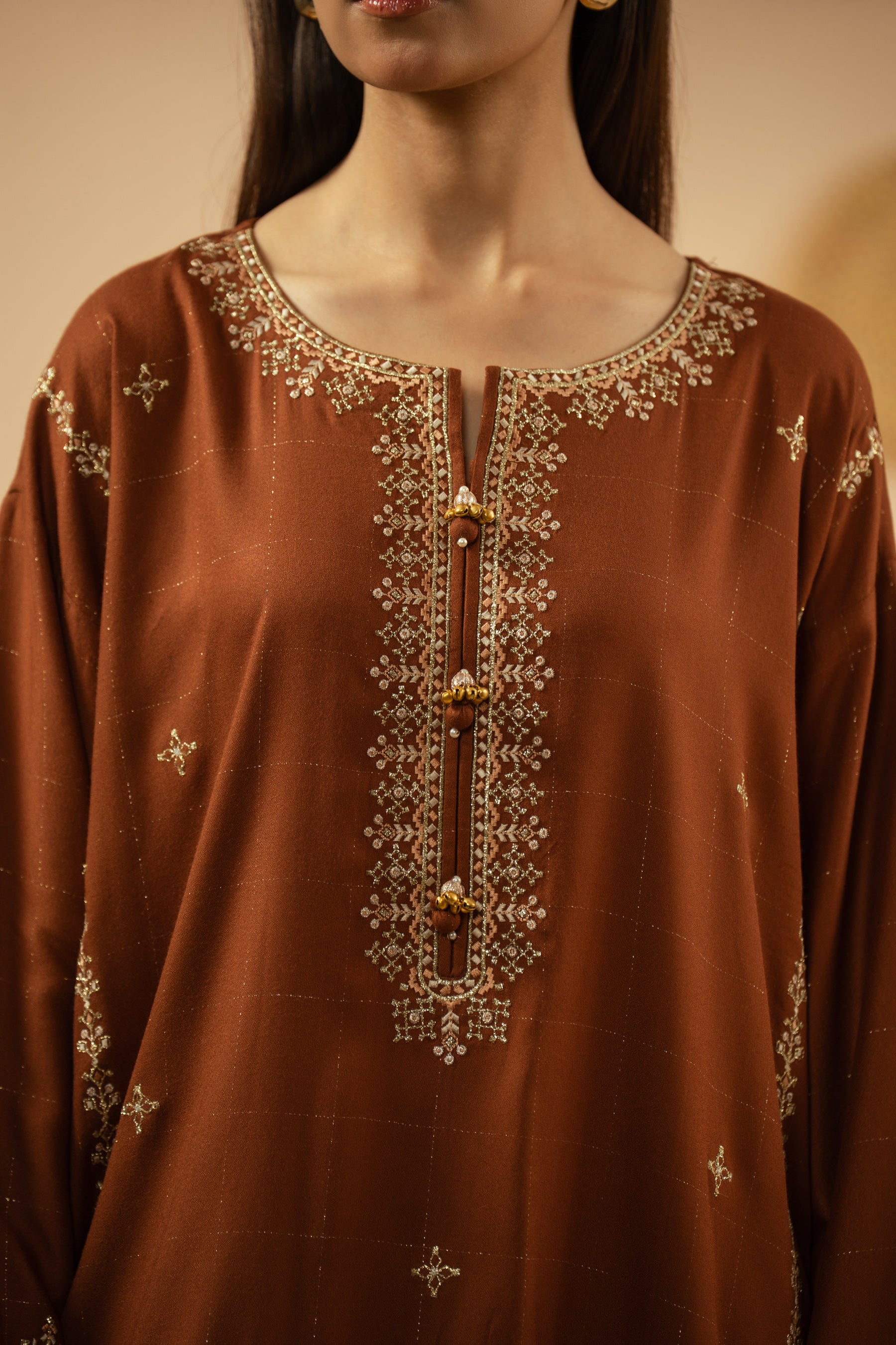 EMBROIDERED CREPE LUREX STITCHED SHIRT BOTTOM