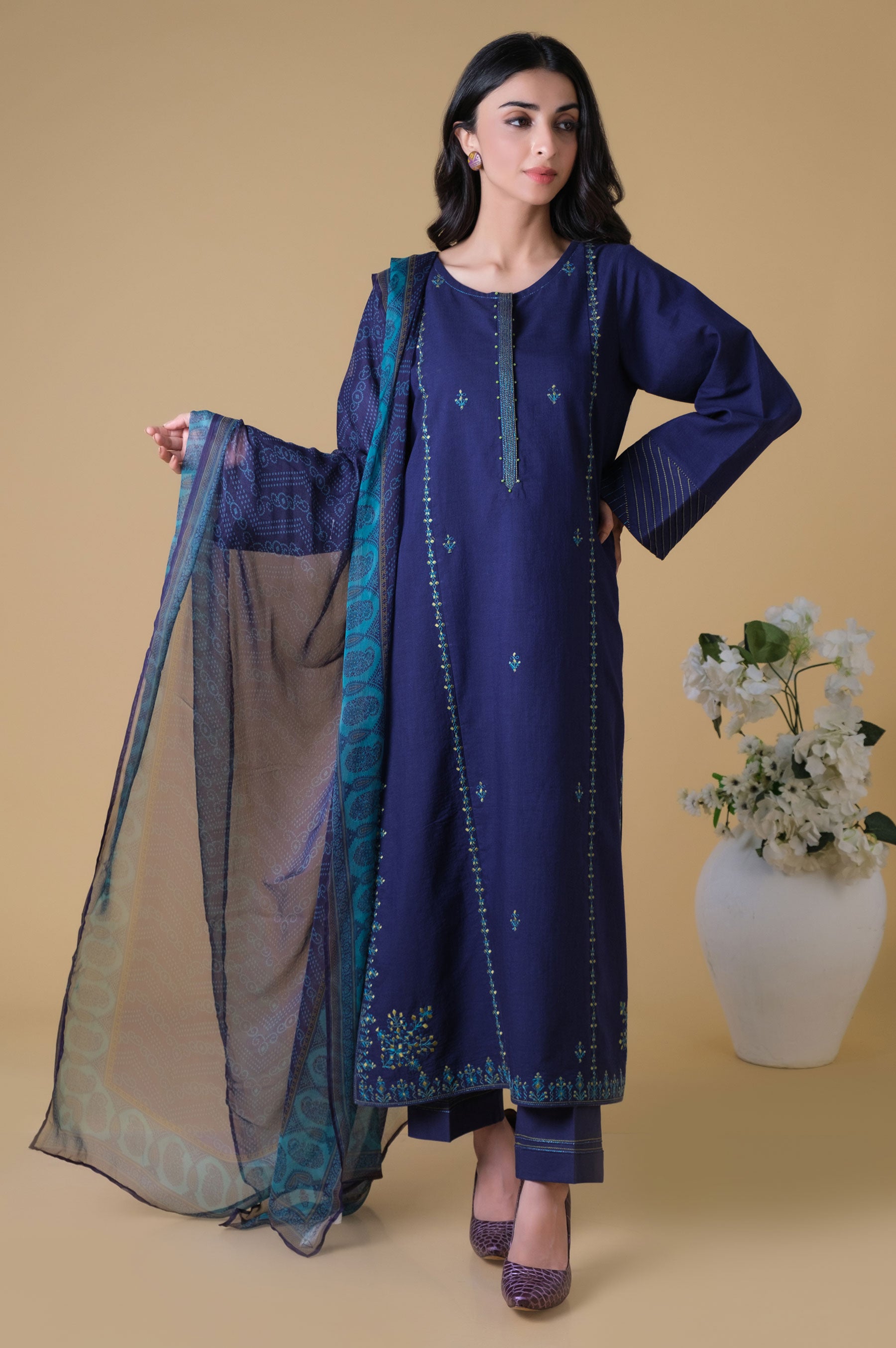 Stitched 3 Piece Embroidered Textured Slub