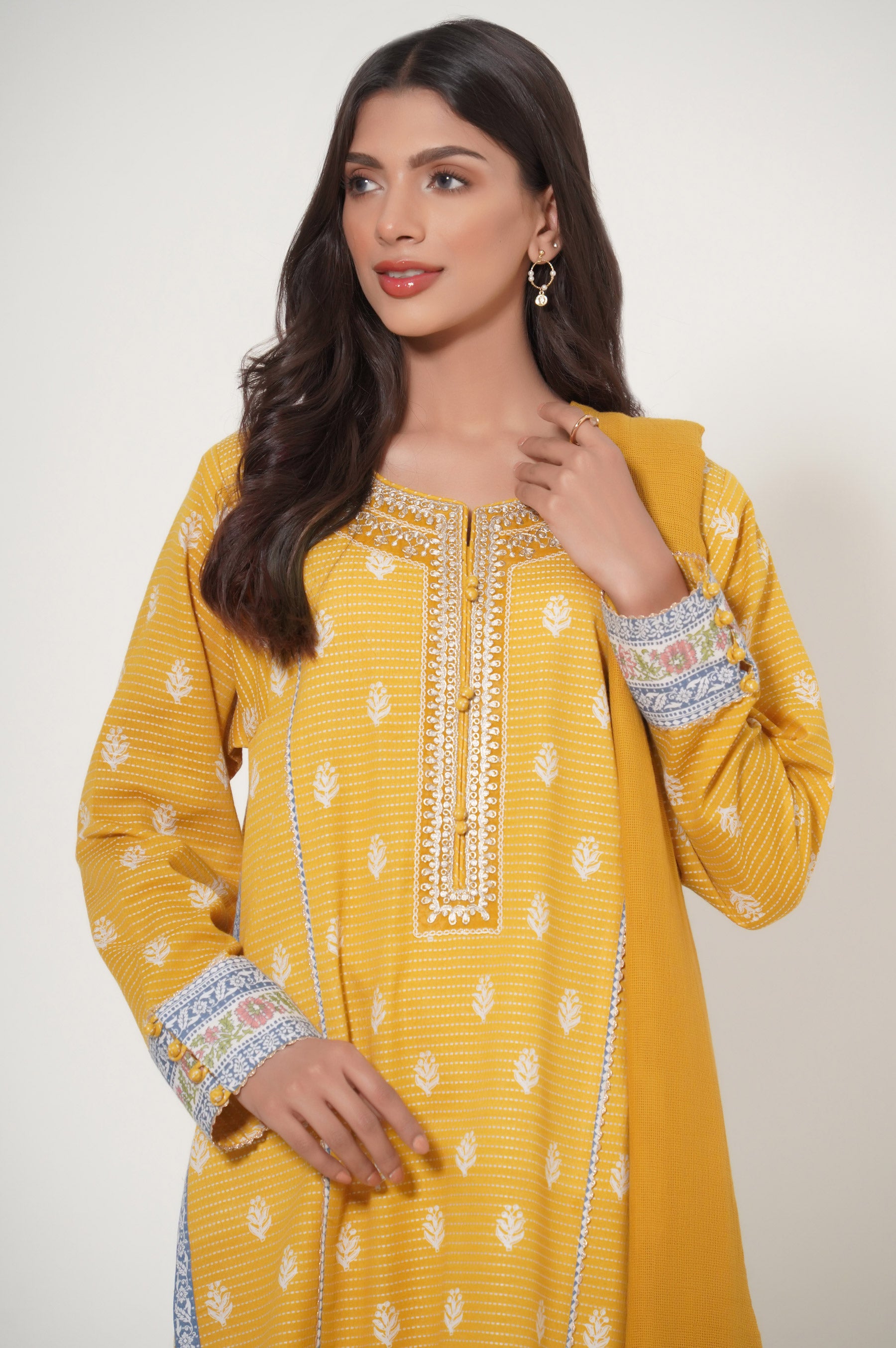 Unstitched 3 Piece Printed Embroidered Dobby Lawn