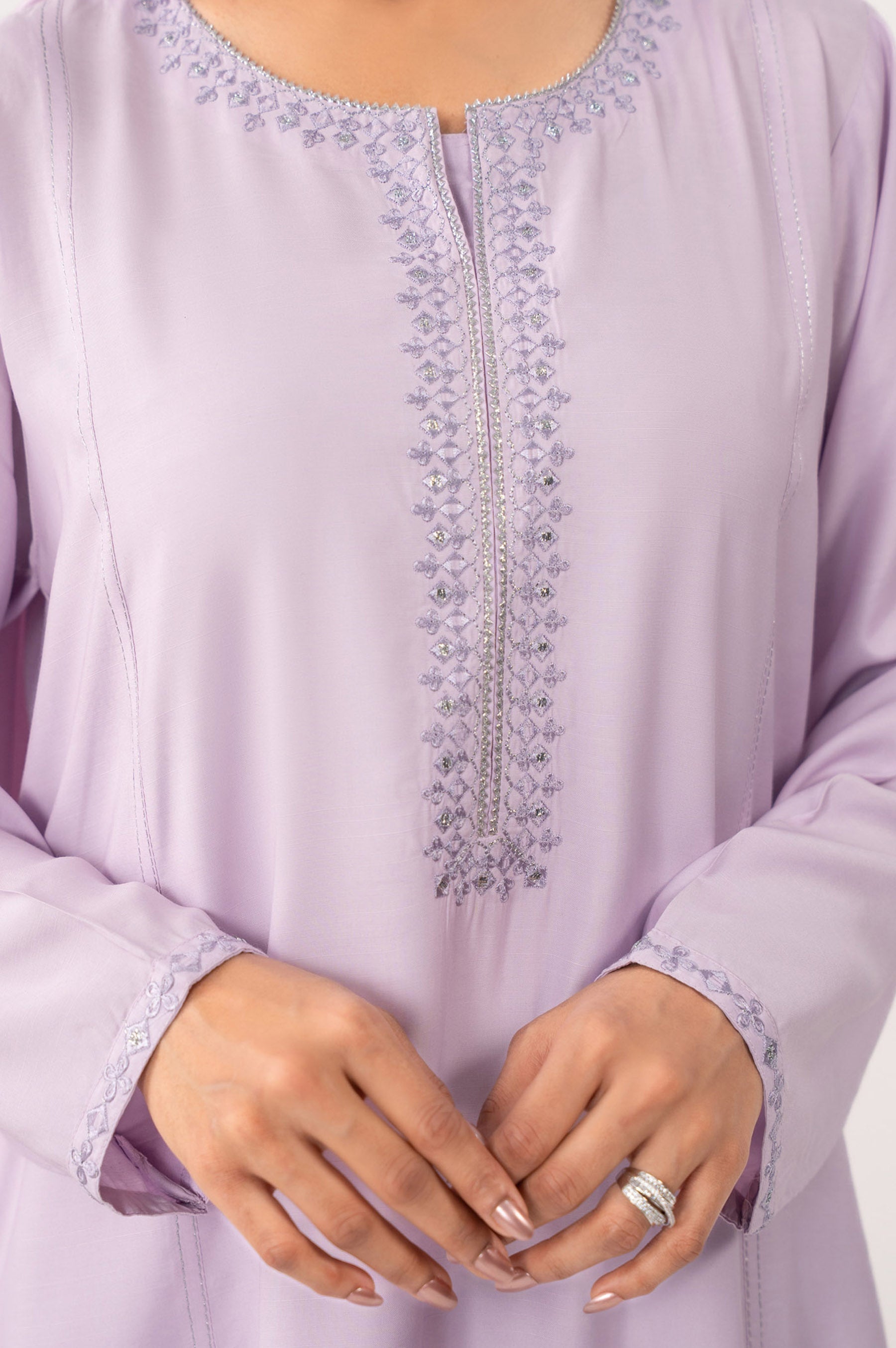 STITCHED EMBROIDERED RAW SILK SHIRT BOTTOM