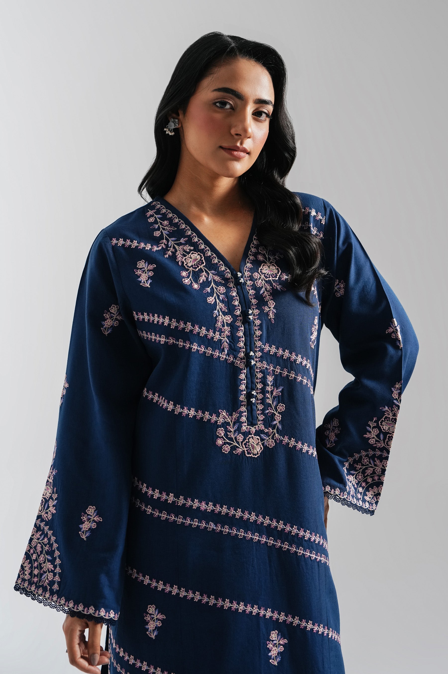 STITCHED EMBROIDERED COTTON LINEN VISCOSE SHIRT BOTTOM