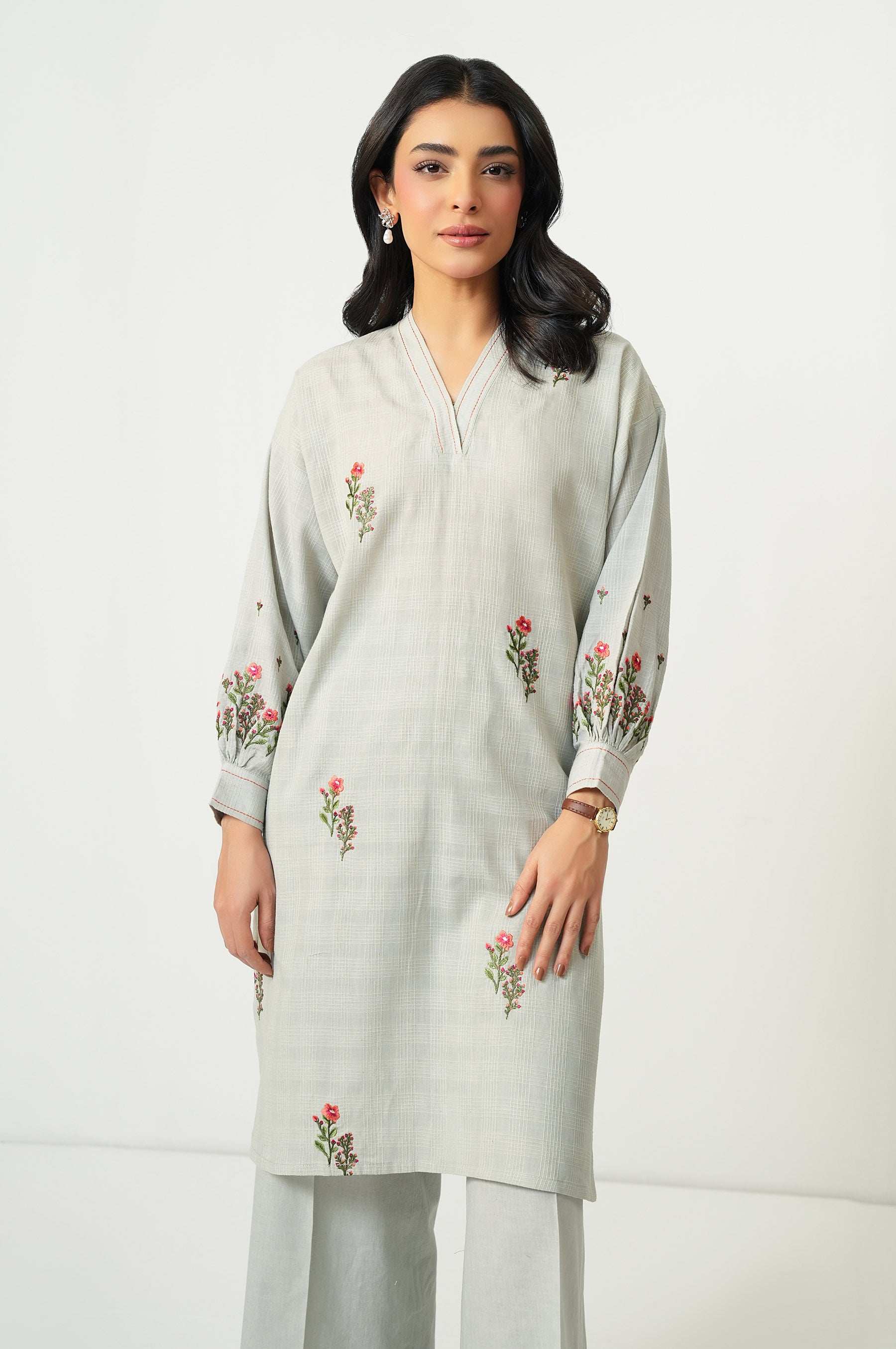 STITCHED EMBROIDERED TETRA CHECKS SHIRT BOTTOM