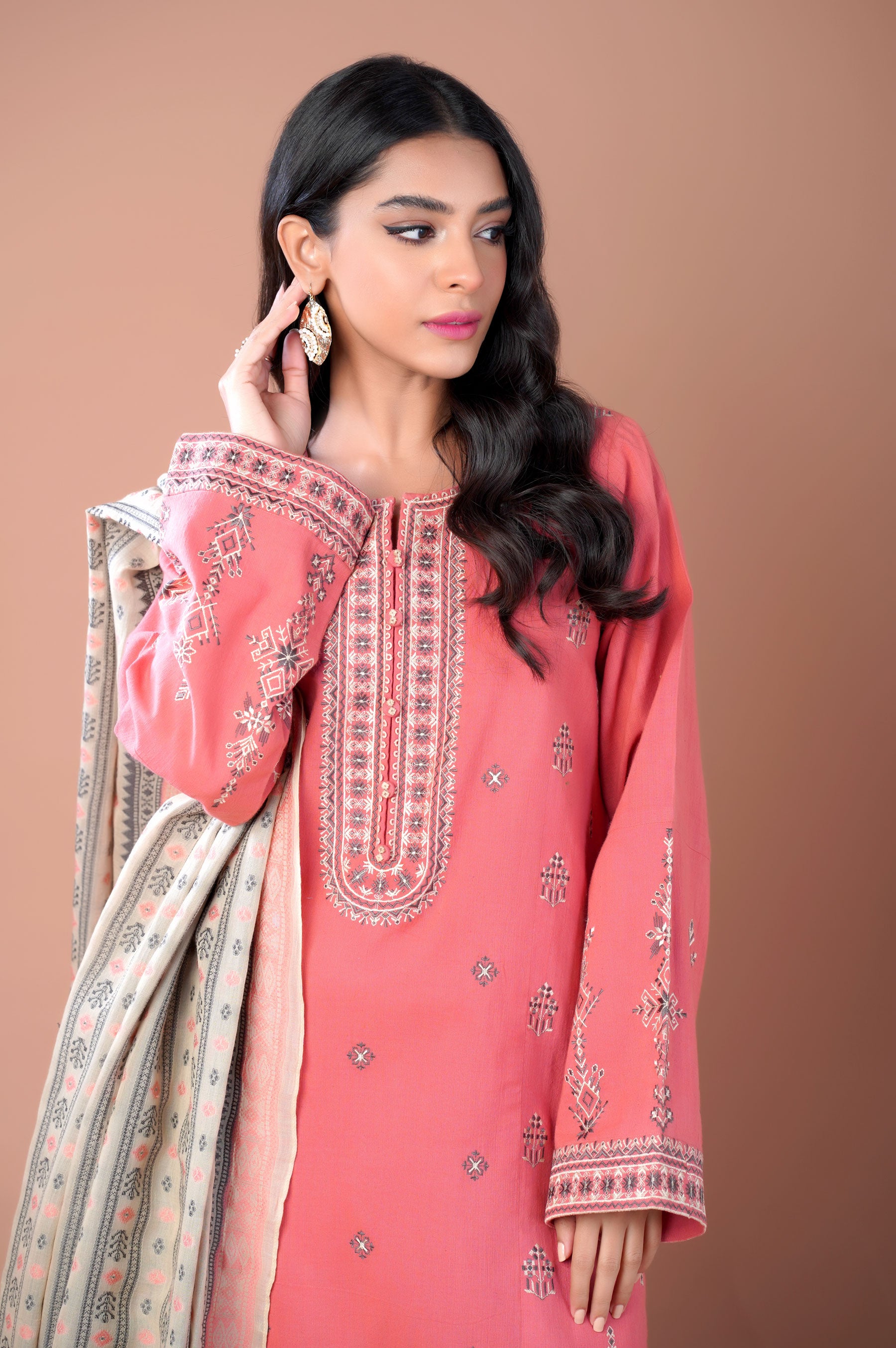 Stitched 3 Piece Embroidered Khaddar Suit