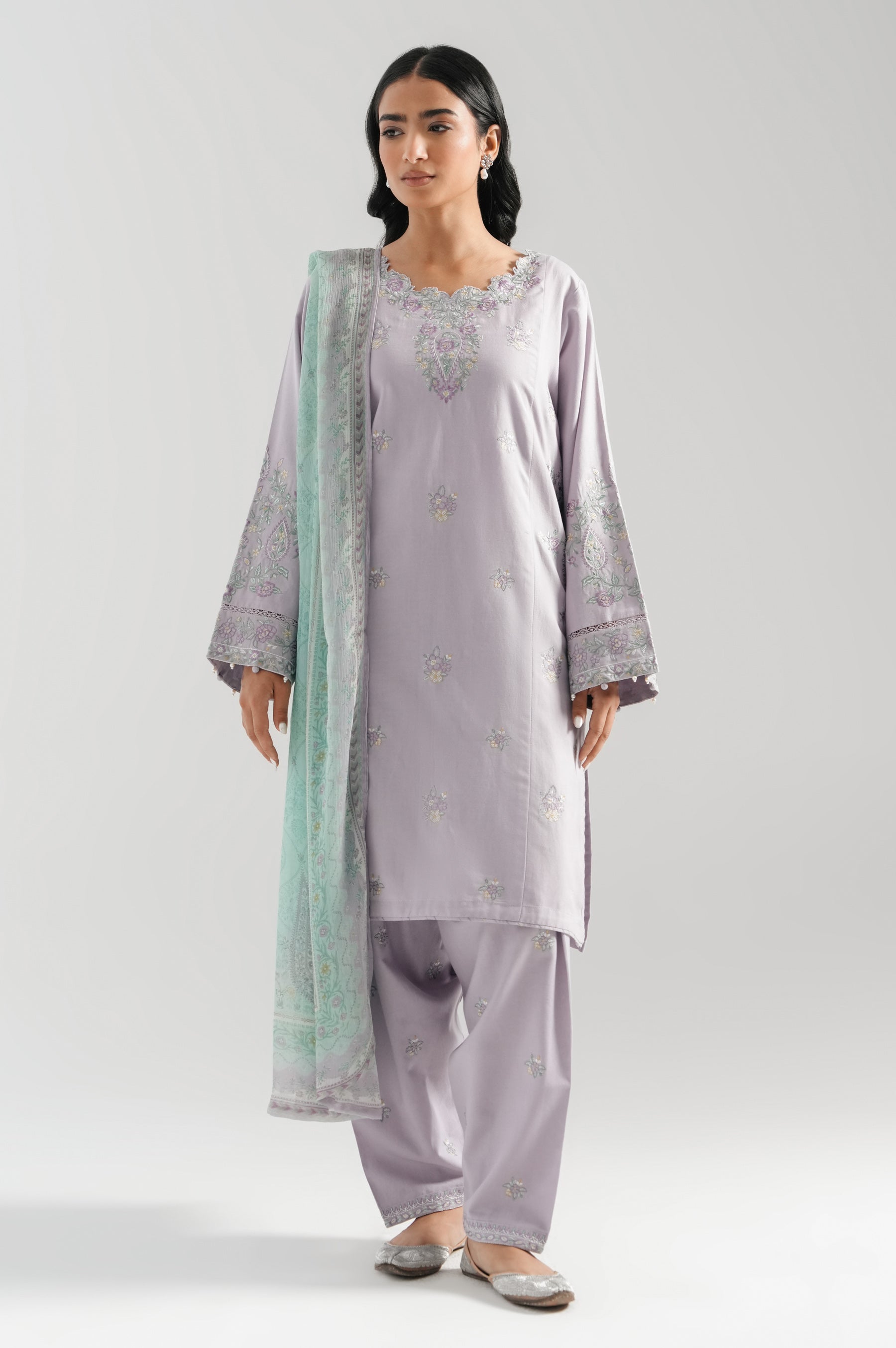 STITCHED EMBROIDERED COTTON LINEN SUIT