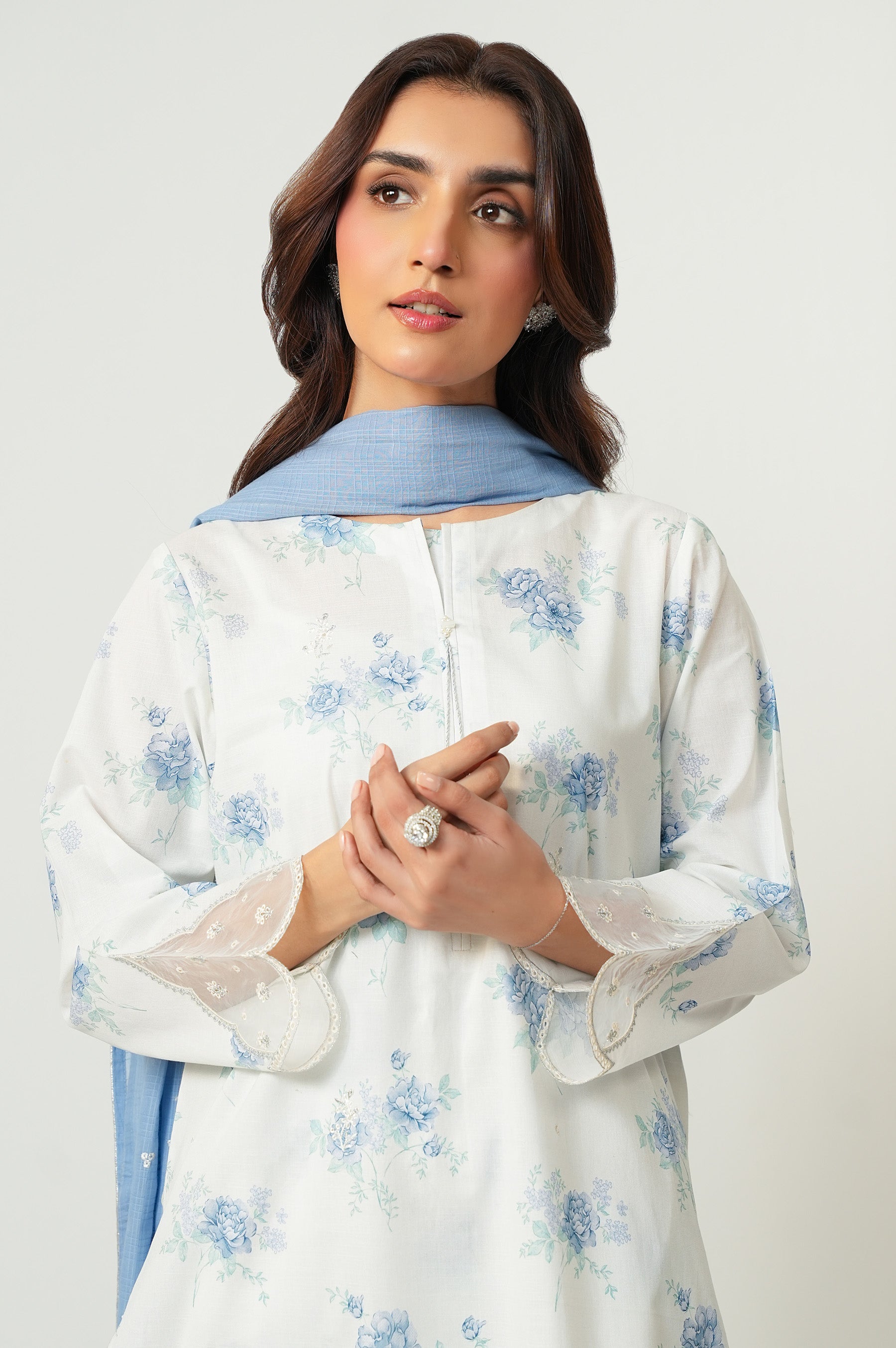 STITCHED PRINTED SLUB LAWN SUIT