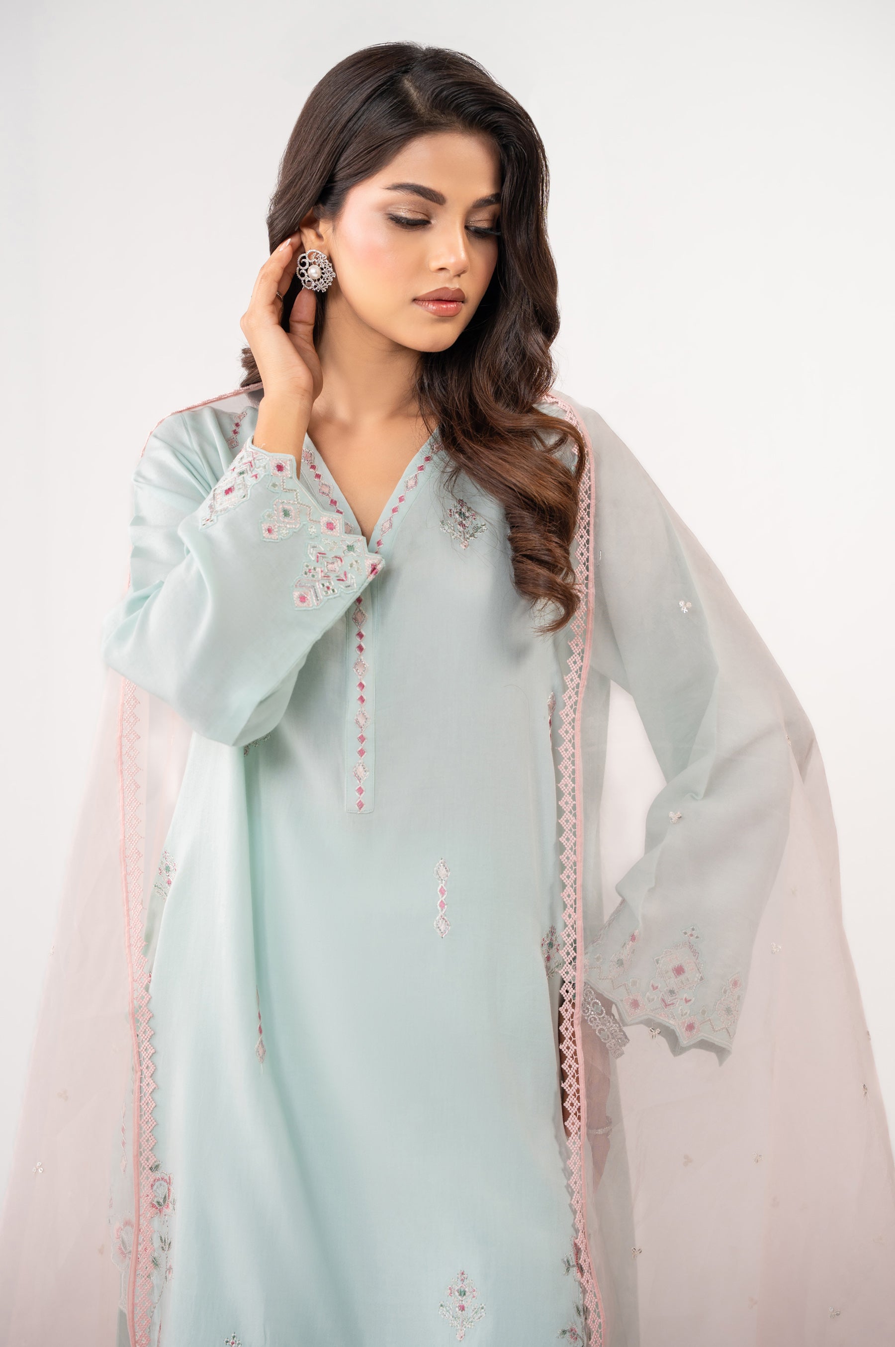 STITCHED EMBROIDERED COTTON SATIN SUIT
