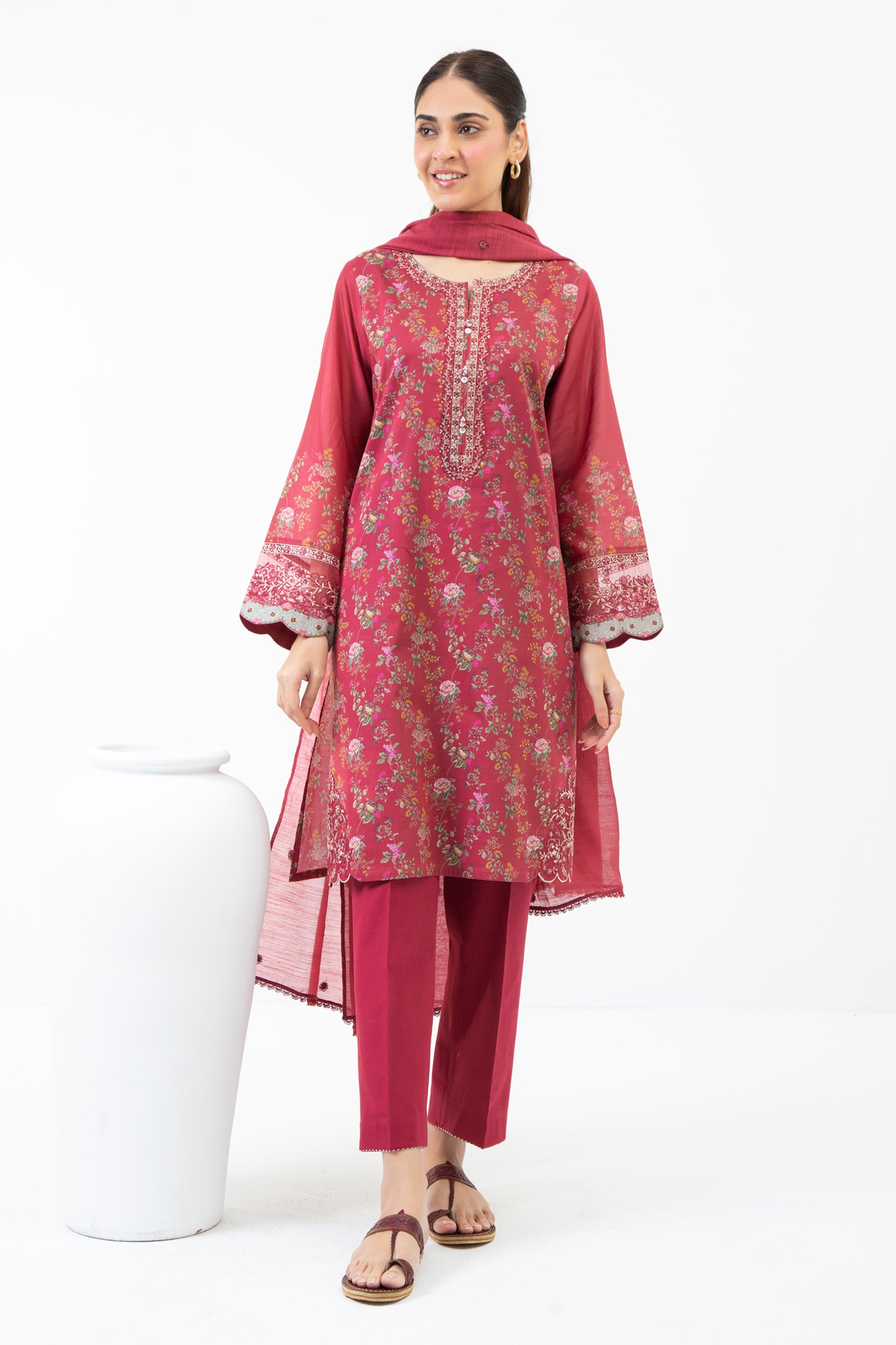 STITCHED EMBROIDERED CAMBRIC 3 PIECE SUIT