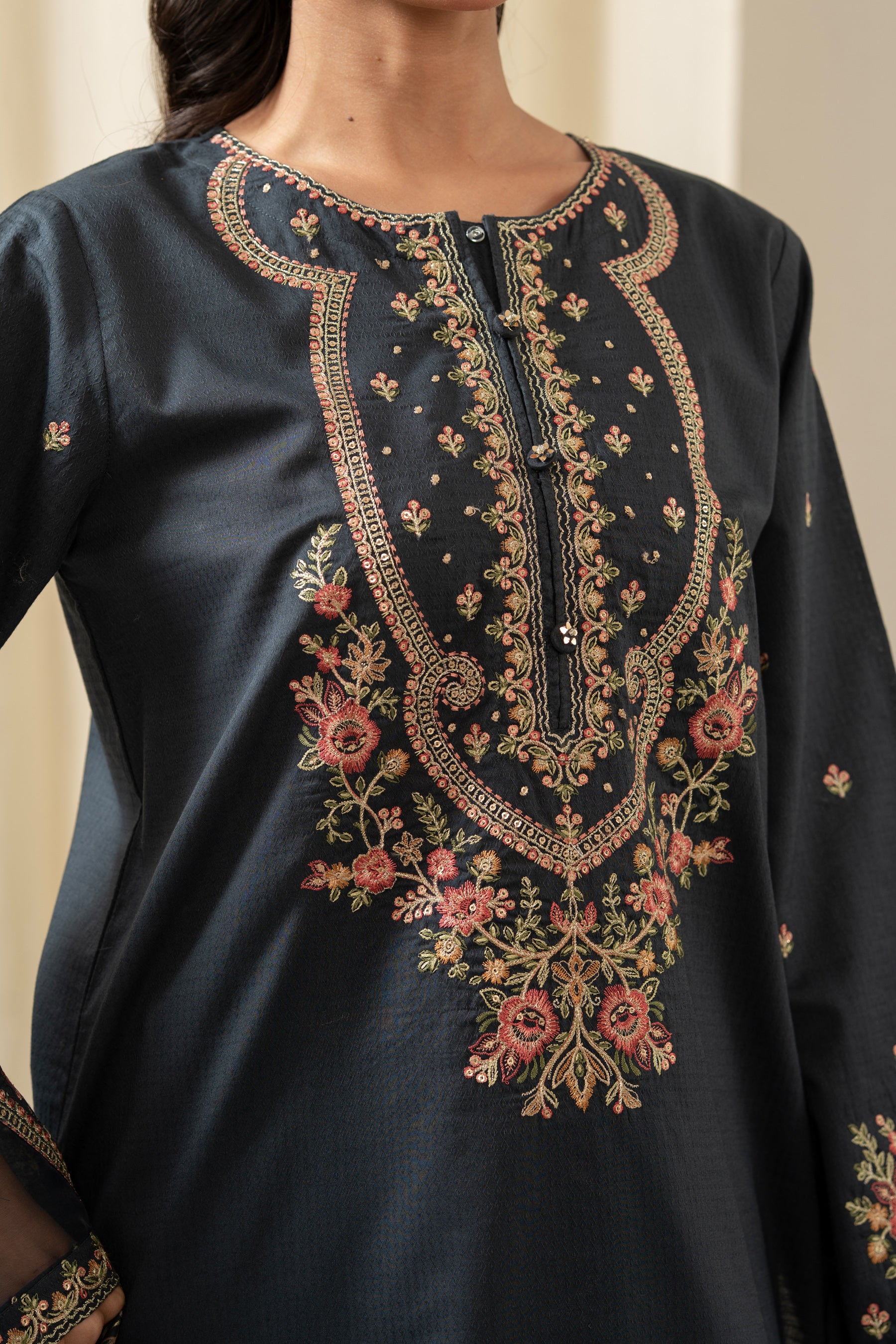 EMBROIDERED DOBBY STITCHED 3 PIECE SUIT