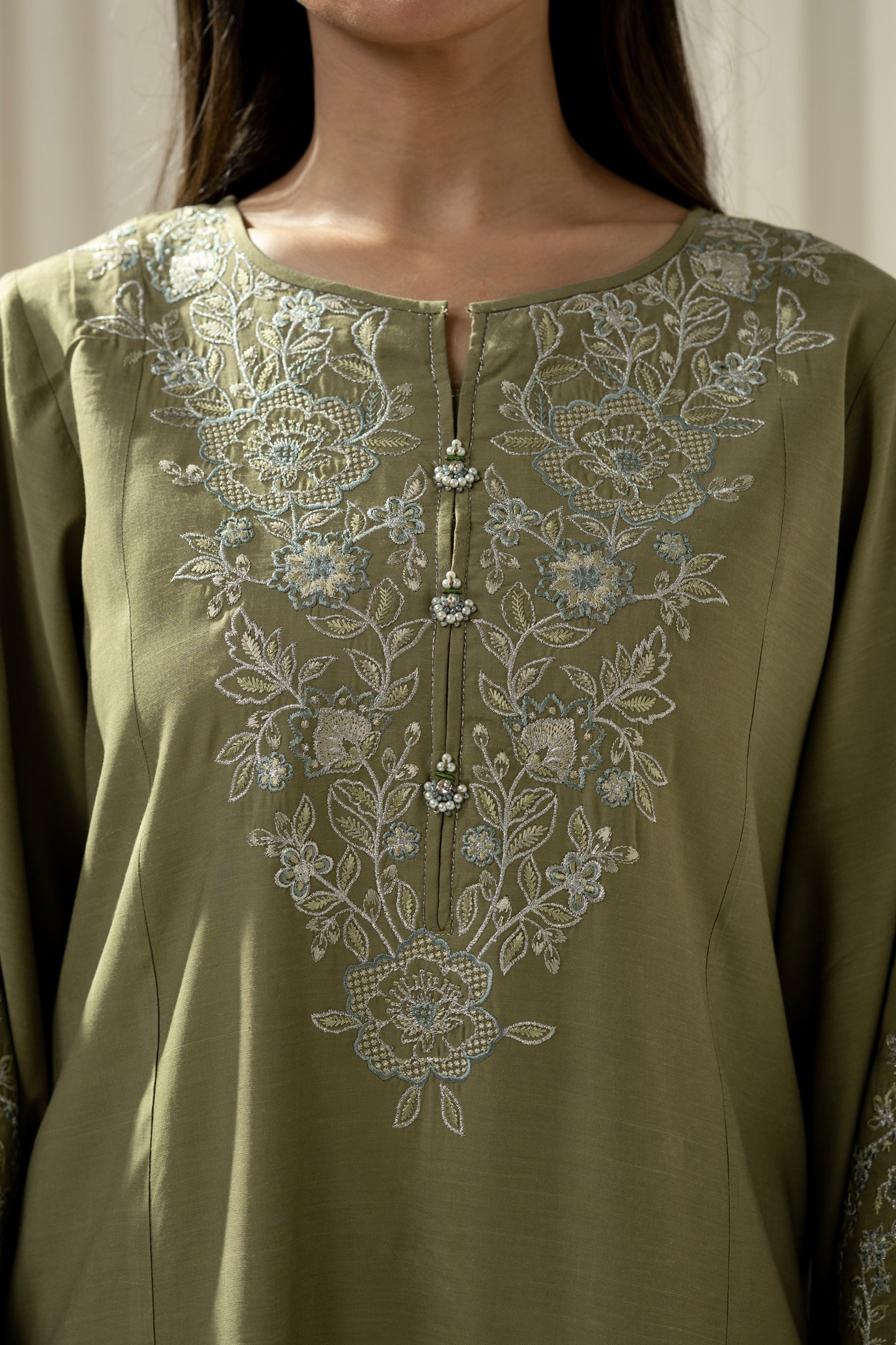 EMBROIDERED RAW SILK STITCHED 3 PIECE SUIT