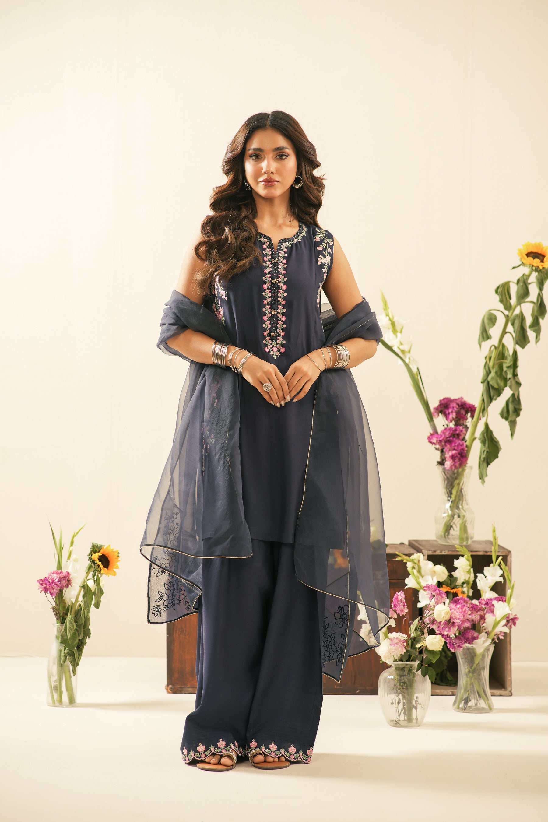 EMBROIDERED RAW SILK STITCHED 3 PIECE SUIT (FACTORY E-OUTLET)