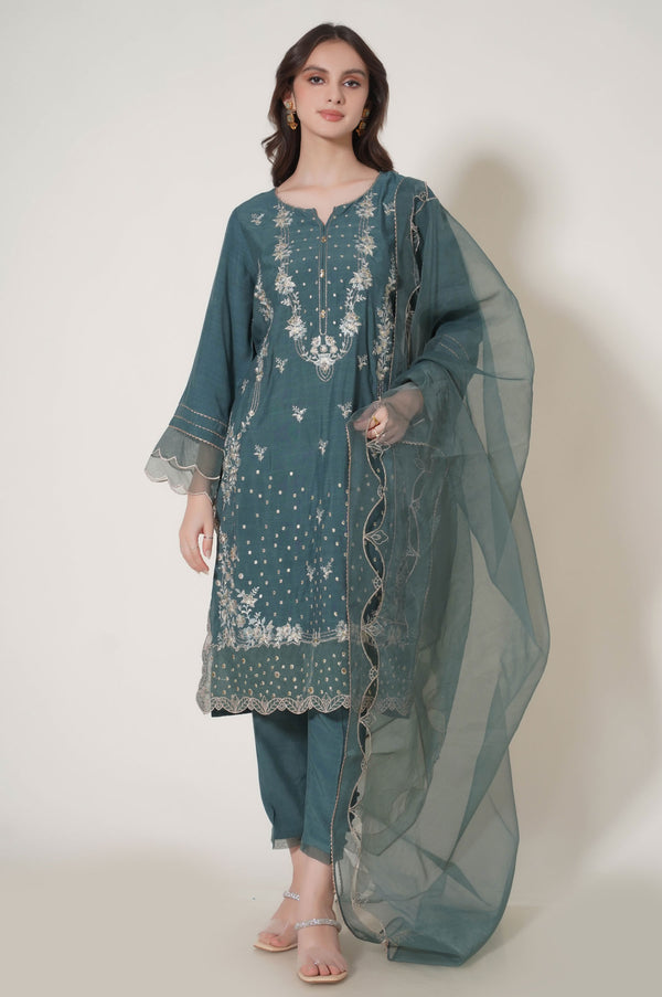 Unstitched 3 Piece Embroidered Raw Silk Suit