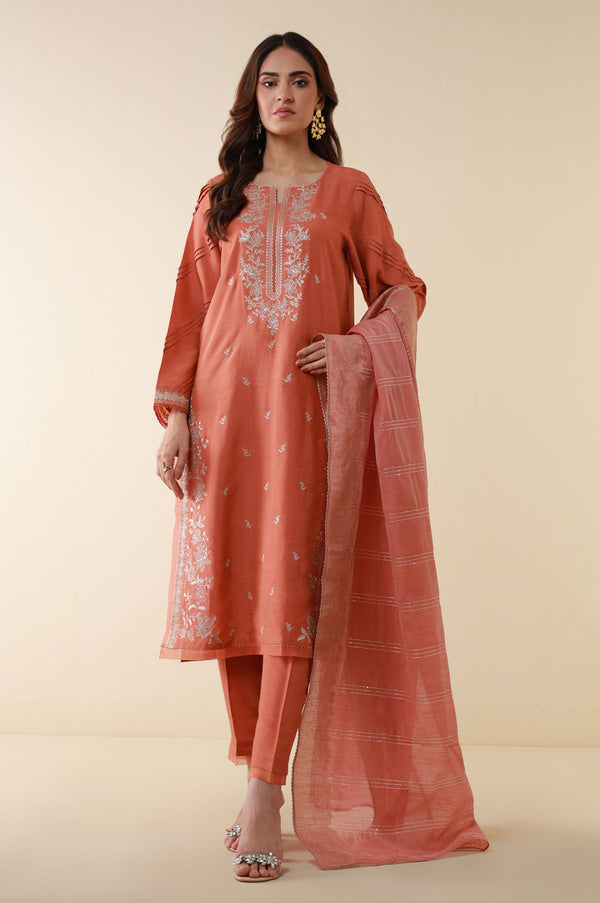 Unstitched 3 Piece Embroidered Oak Silk Suit