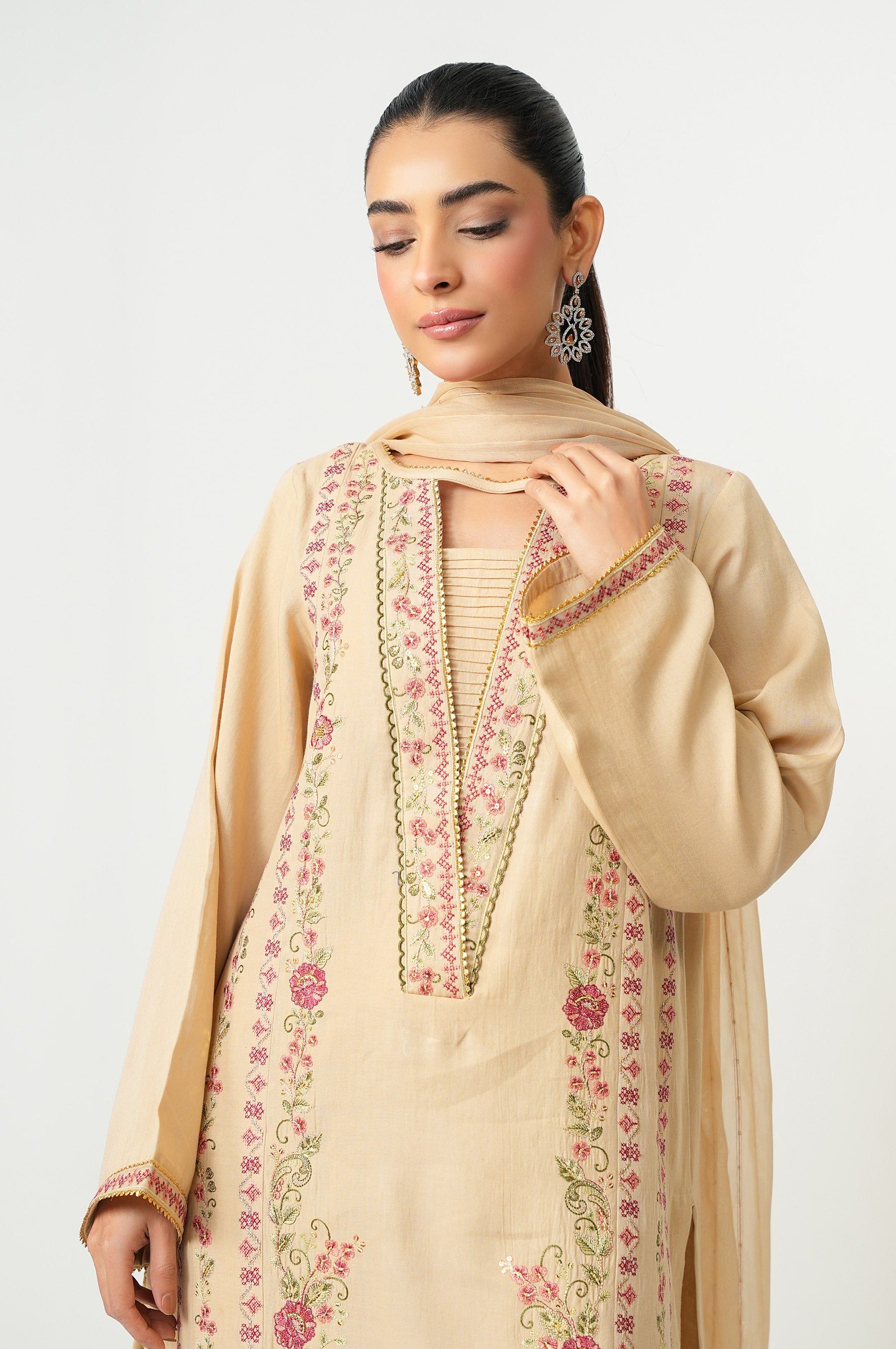 UNSTITCHED EMBROIDERED COTTON SATIN SHIRT BOTTOM SUIT
