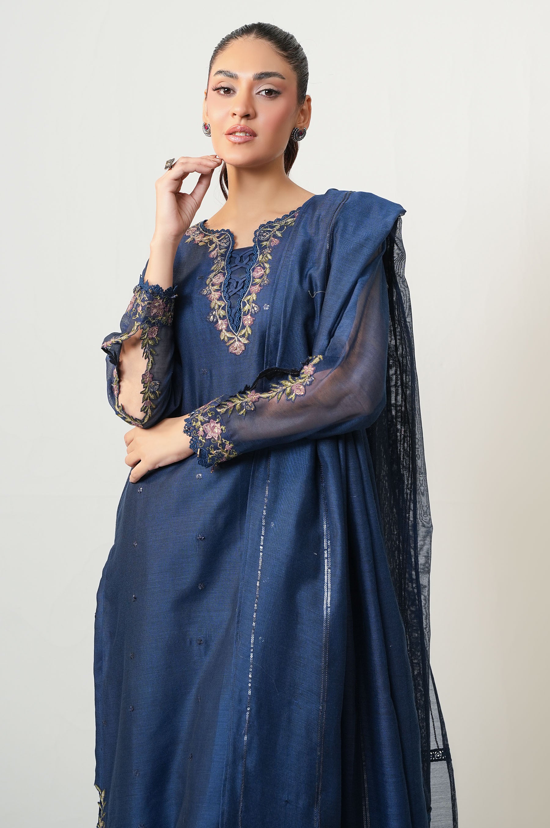 UNSTITCHED EMBROIDERED KHADDI NET SHIRT BOTTOM SUIT