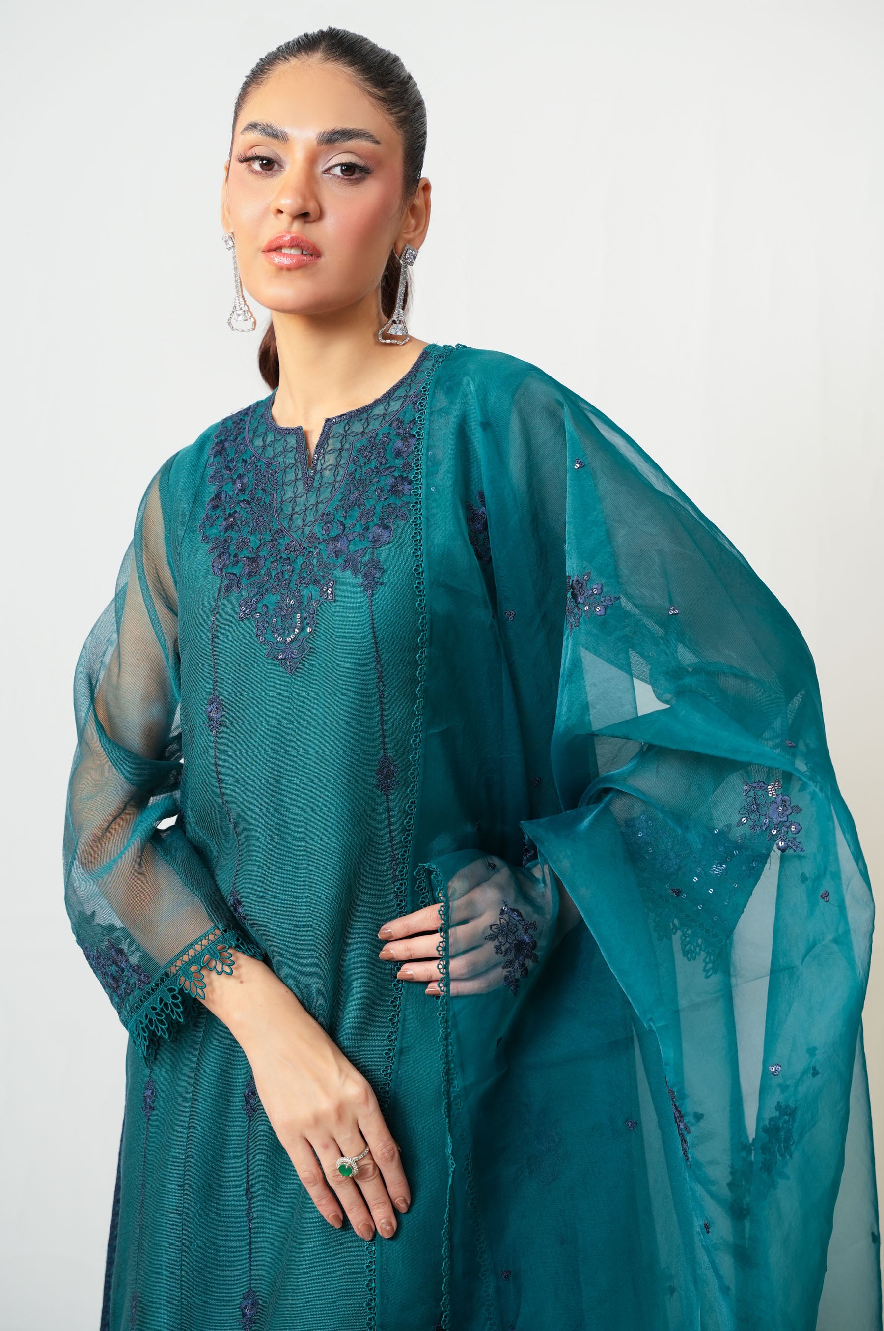 UNSTITCHED EMBROIDERED KHADDI NET SHIRT BOTTOM SUIT