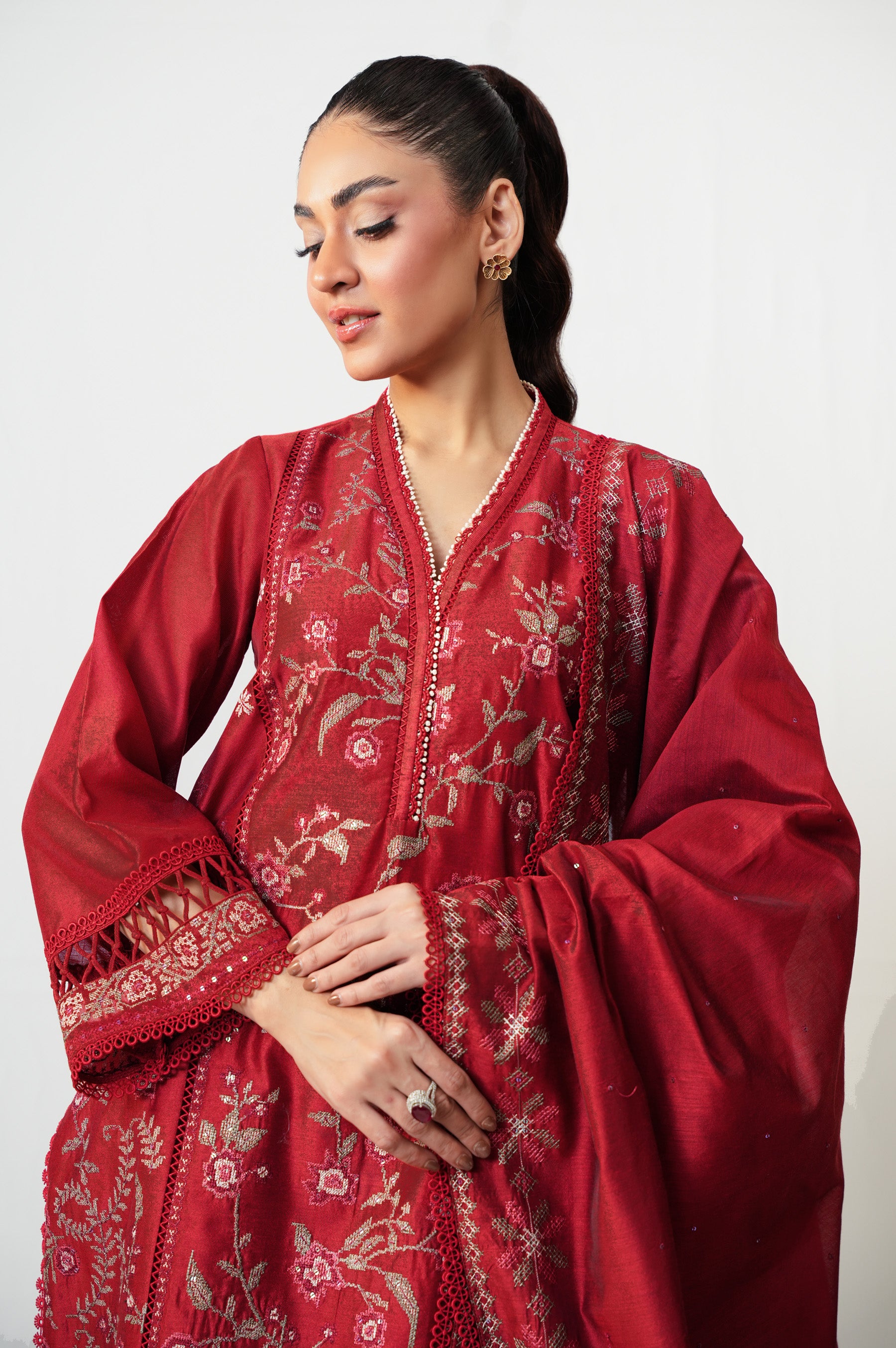 UNSTITCHED EMBROIDERED COTTON NET SHIRT BOTTOM SUIT