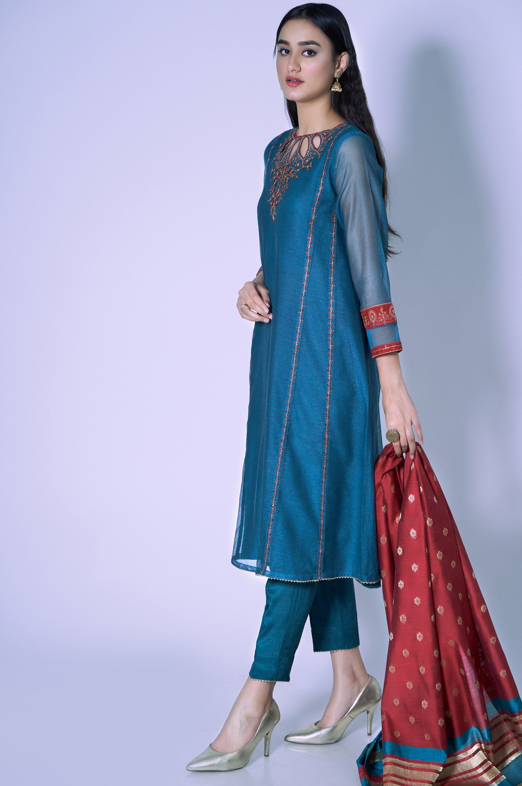 Stitched 2 Piece Khaddi Net Embroidered Shirt & Dupatta