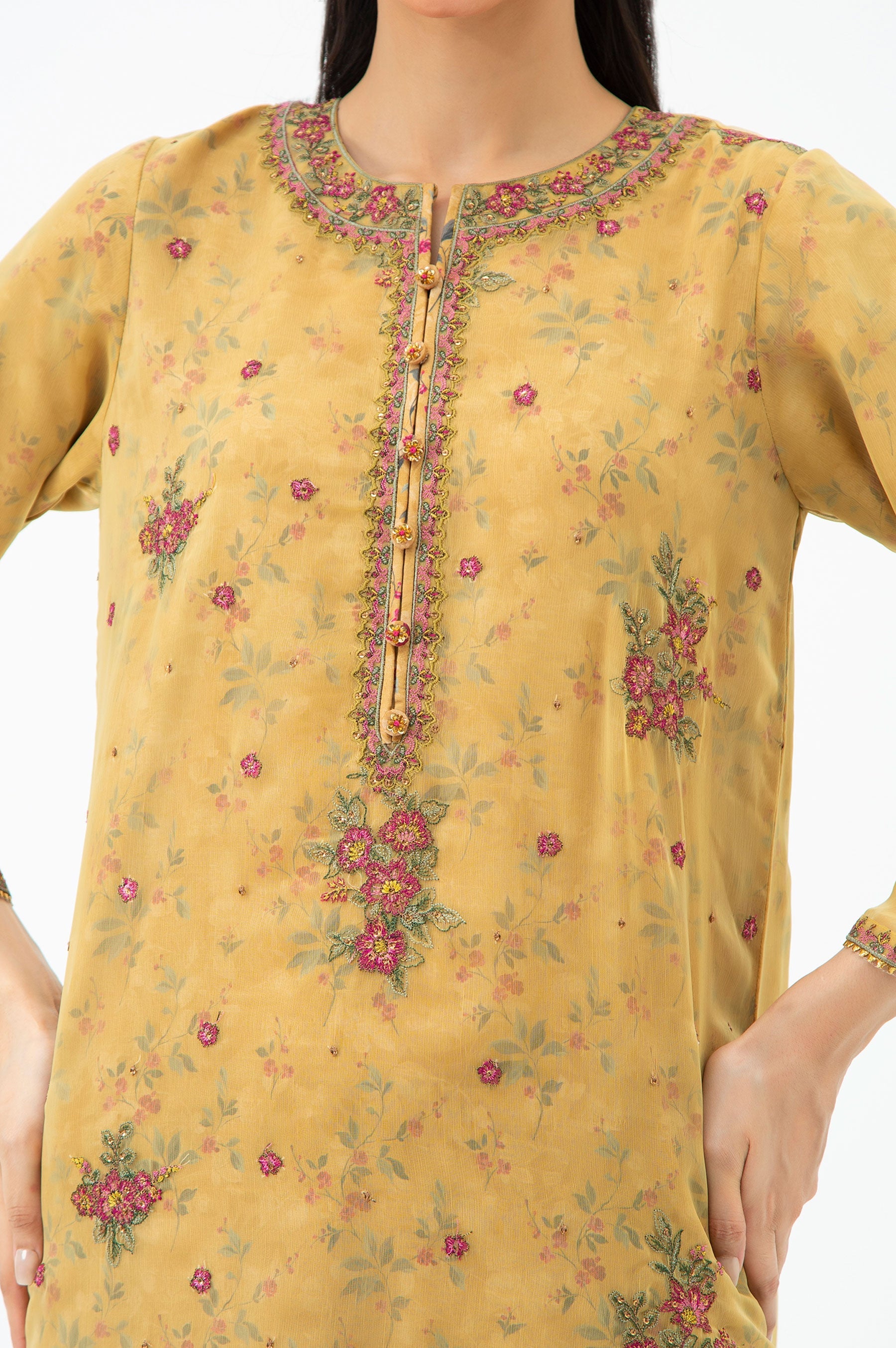 STITCHED EMBROIDERED CHIFFON SHIRT BOTTOM (FACTORY E-OUTLET)
