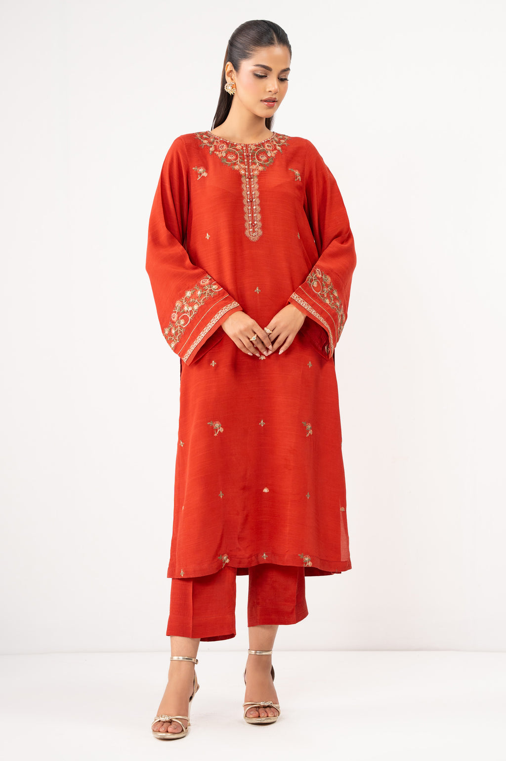 Stitched 2 Piece Embroidered Raw Silk Suit
