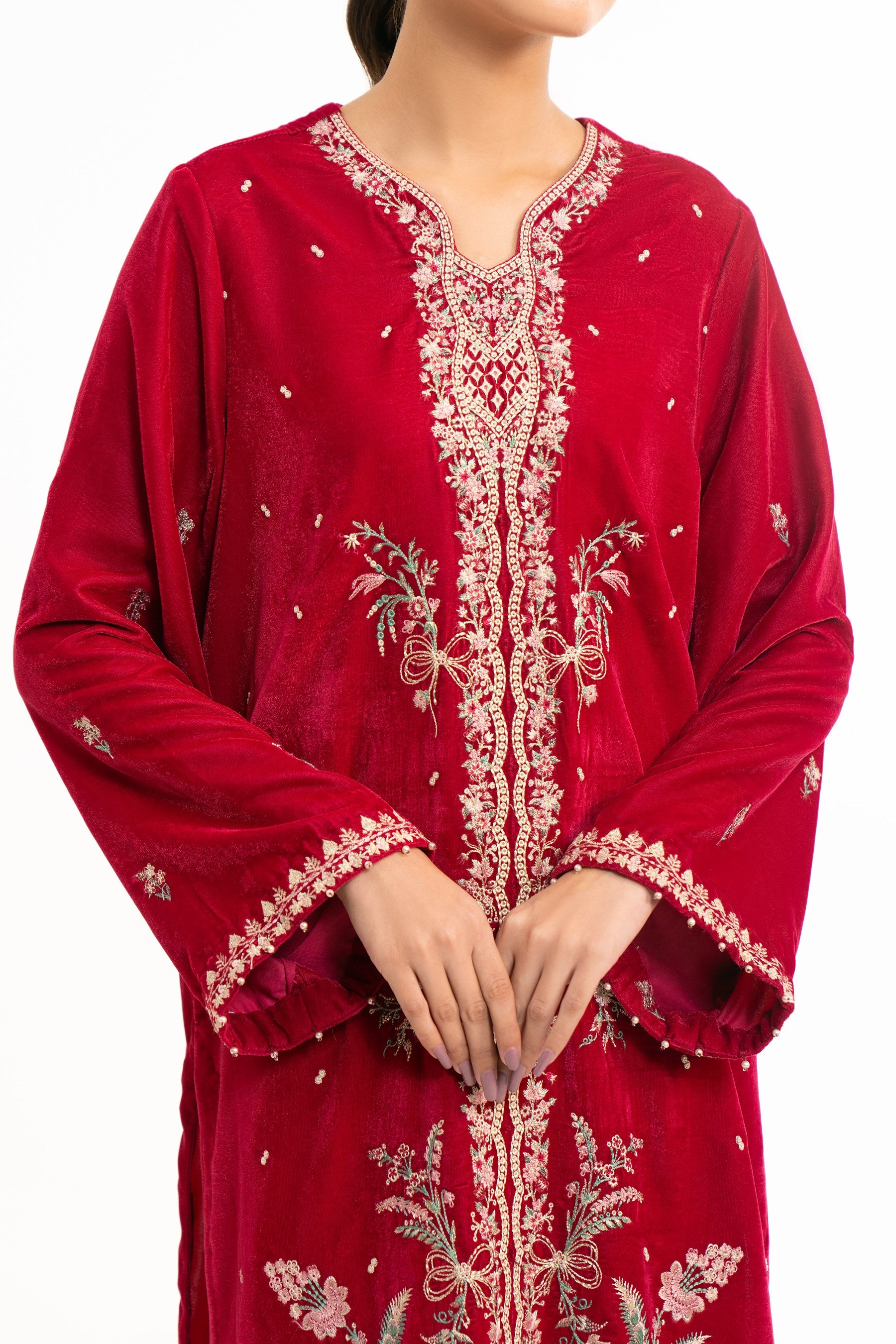 STITCHED EMBROIDERED VELVET SHIRT BOTTOM (FACTORY E-OUTLET)