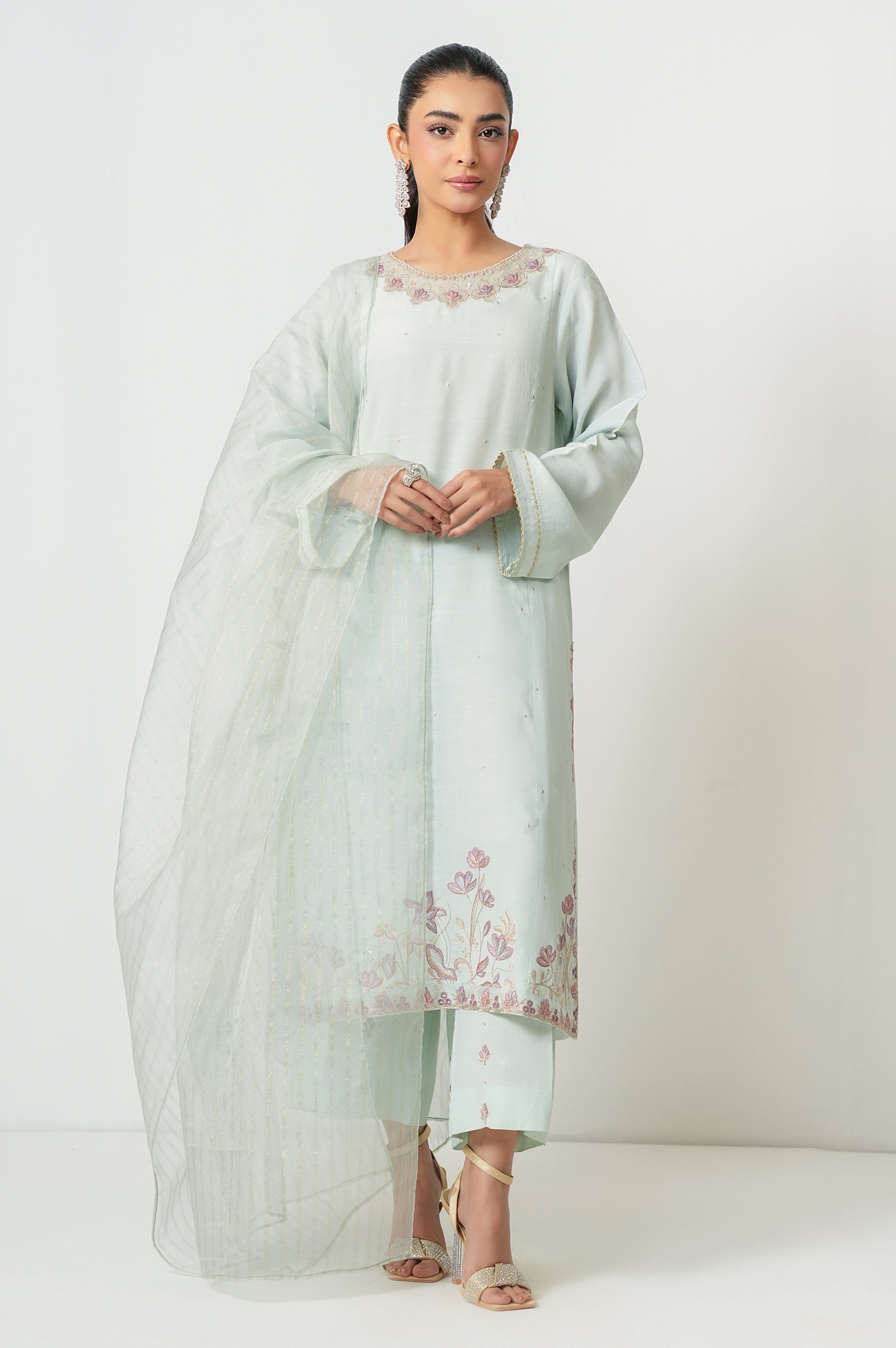 STITCHED EMBROIDERED RAW SILK SUIT