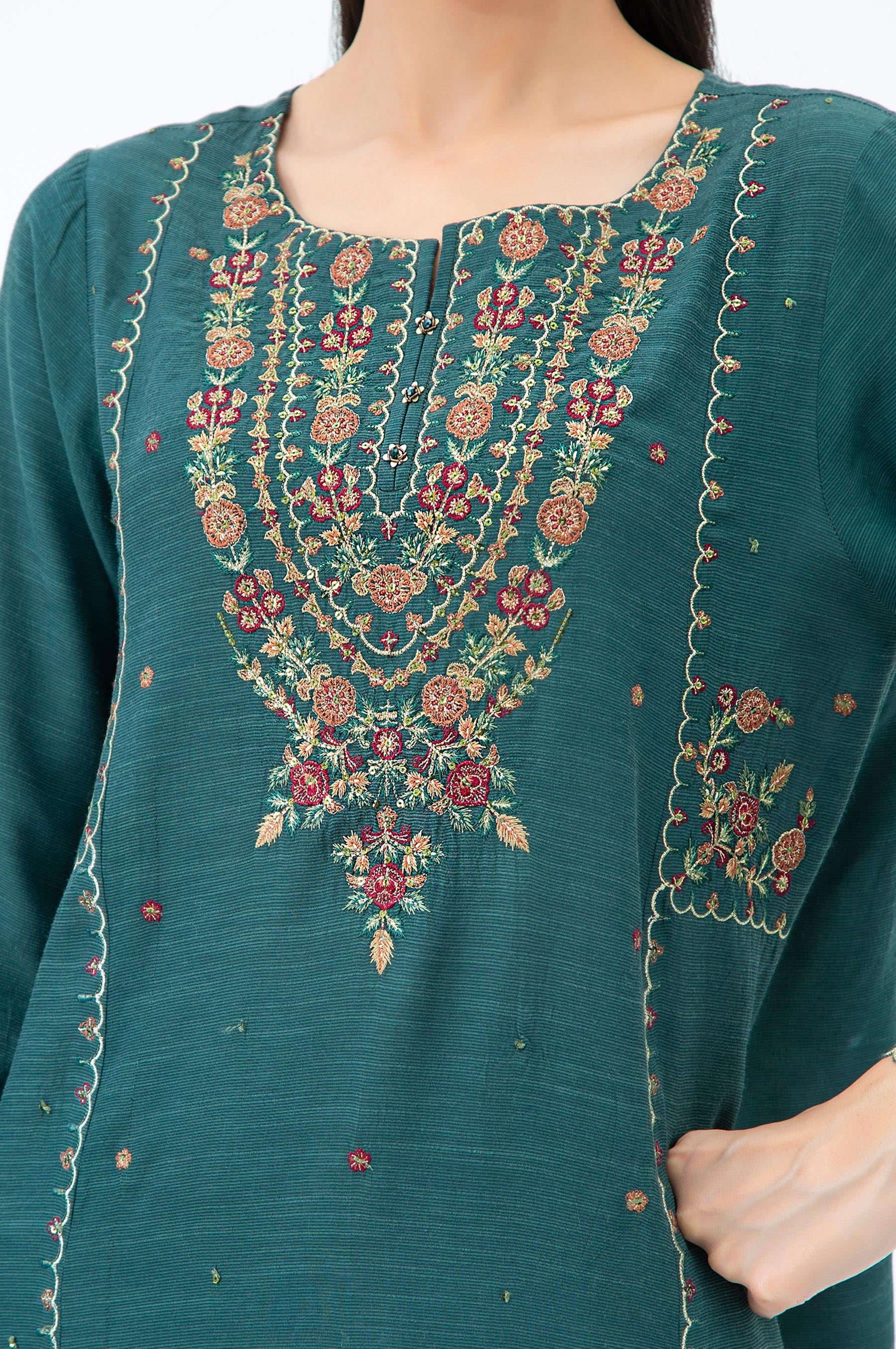 EMBROIDERED RAW SILK STITCHED 3 PIECE SUIT