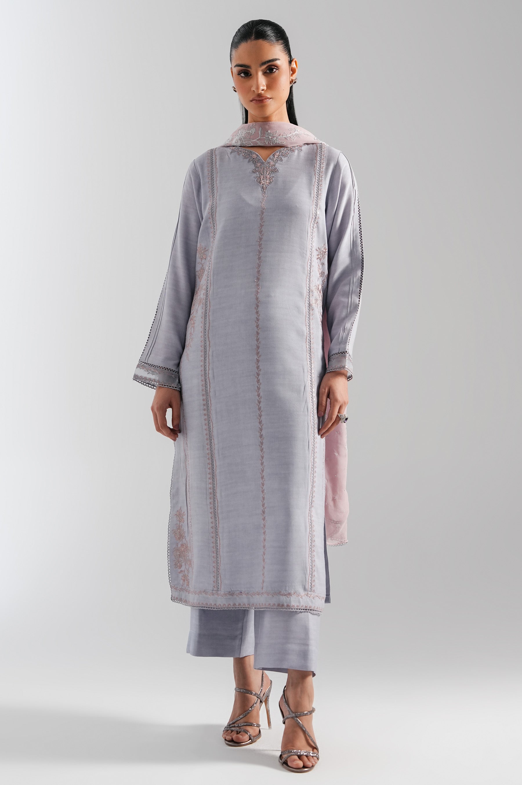STITCHED EMBROIDERED RAW SILK SUIT (FACTORY E-OUTLET)
