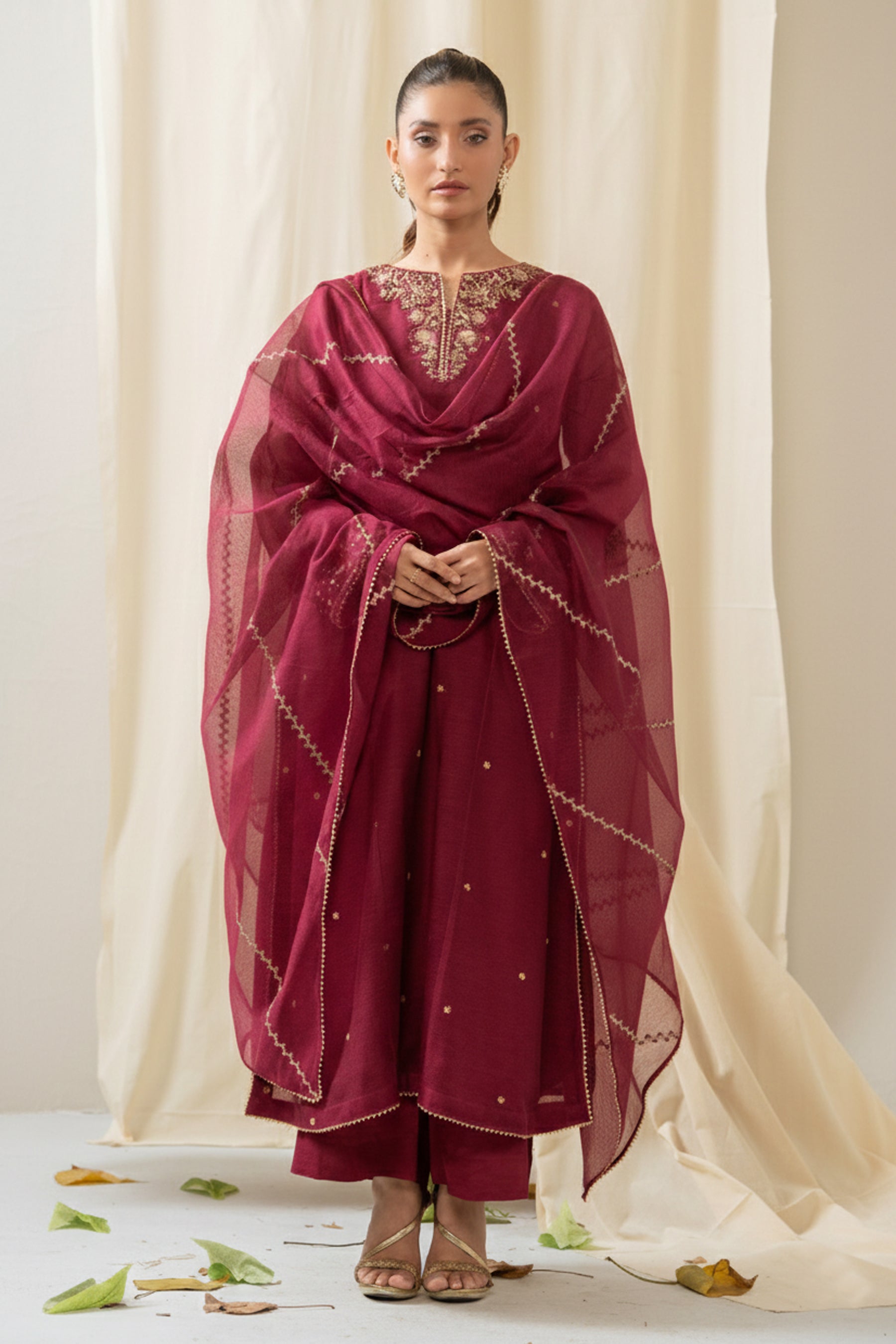 khadi & co 「VENUS」 STITCHED EMBROIDERED KHADDI NET SUIT – Zeenwoman
