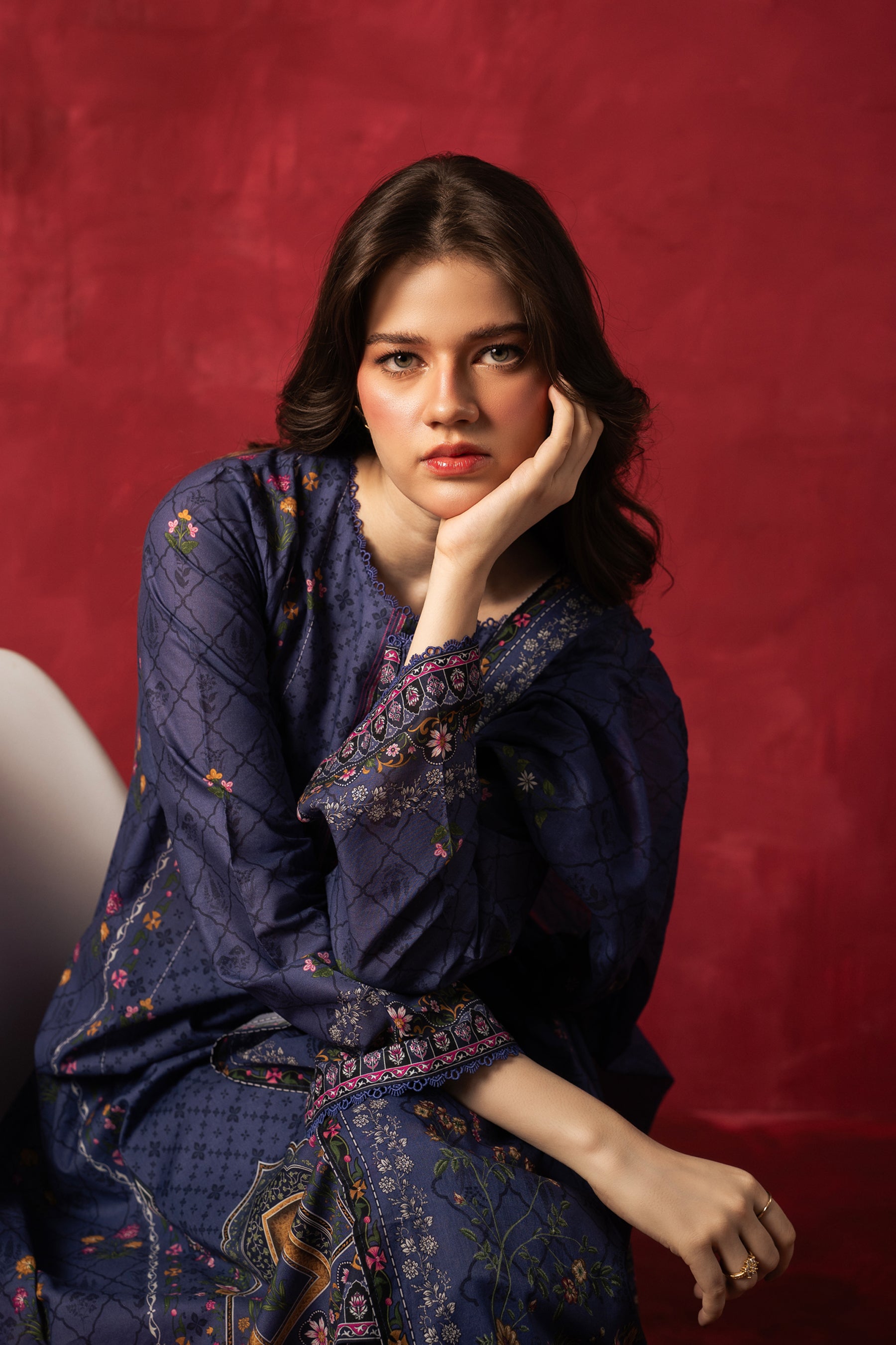 Deep blue traditional printed lawn unstitched 3-piece suit displaying premium summer textile patterns