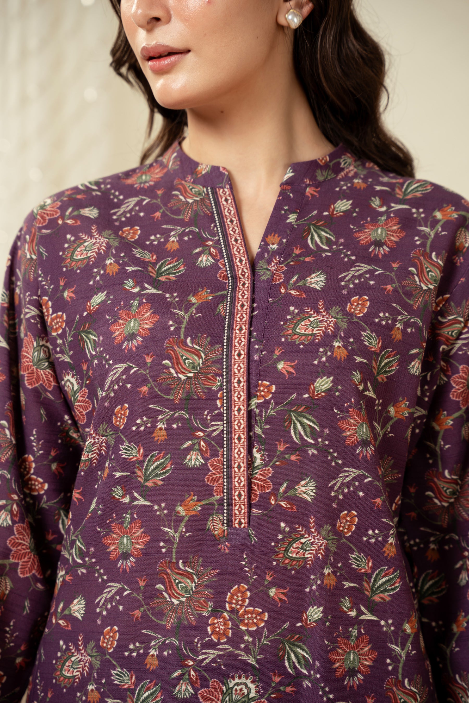 Deep plum purple unstitched printed 3-piece suit presenting a classic traditional balance for women