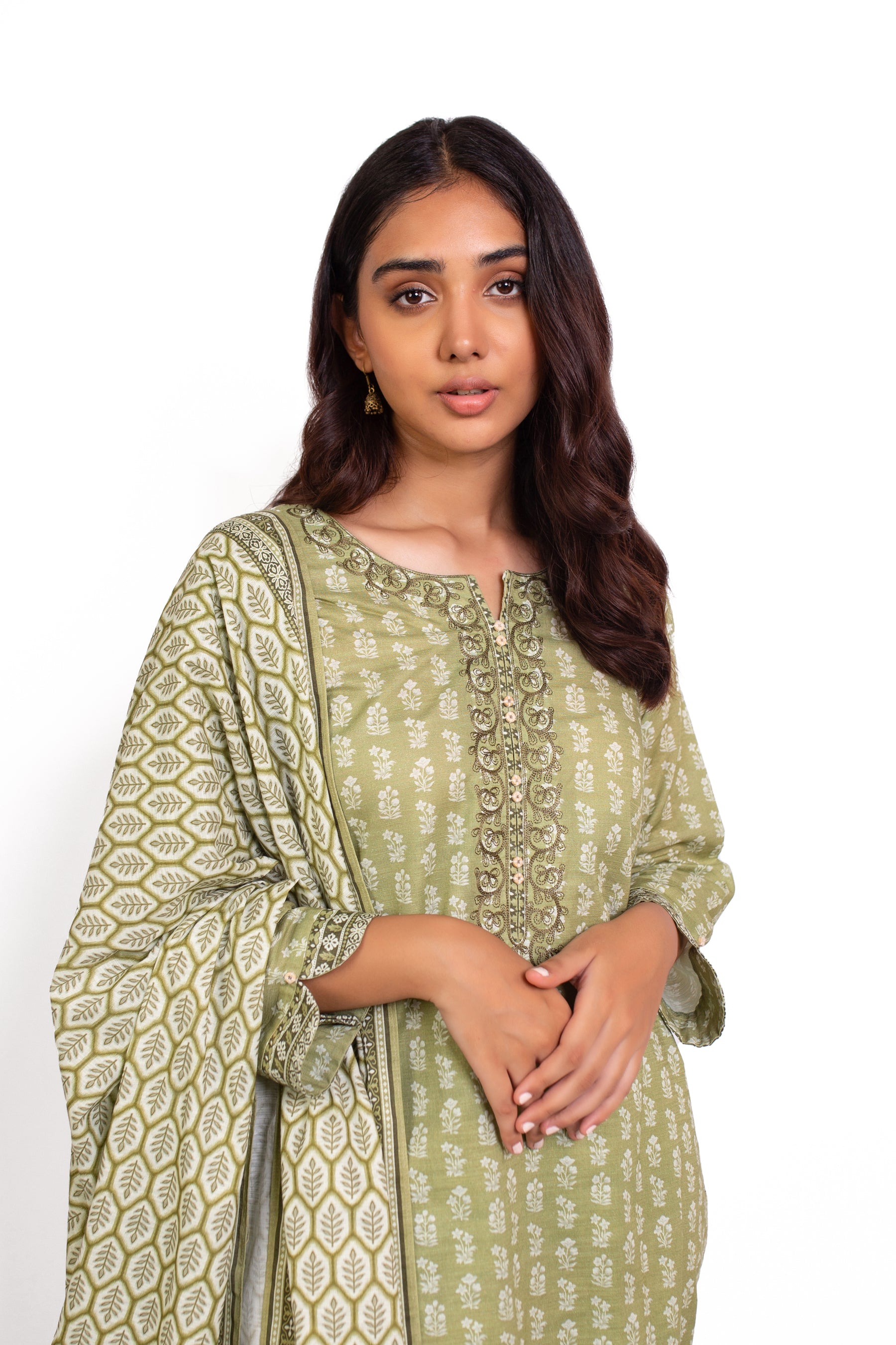 Khaddar Embroidered Mehendi Green Suit main image 0