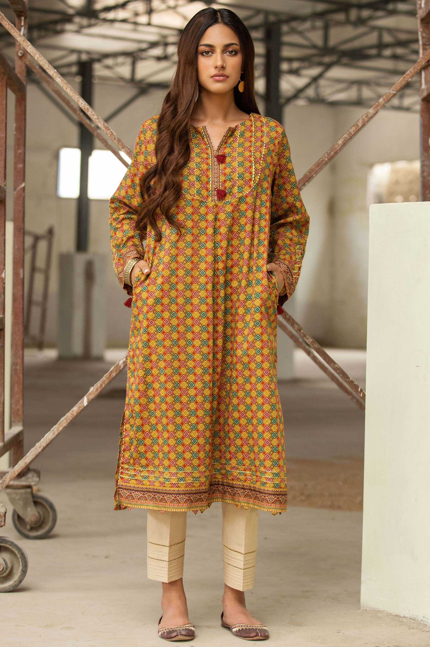 Kurta Style Lawn Shirt Mustard Floral Embroidered Lawn Kurta–