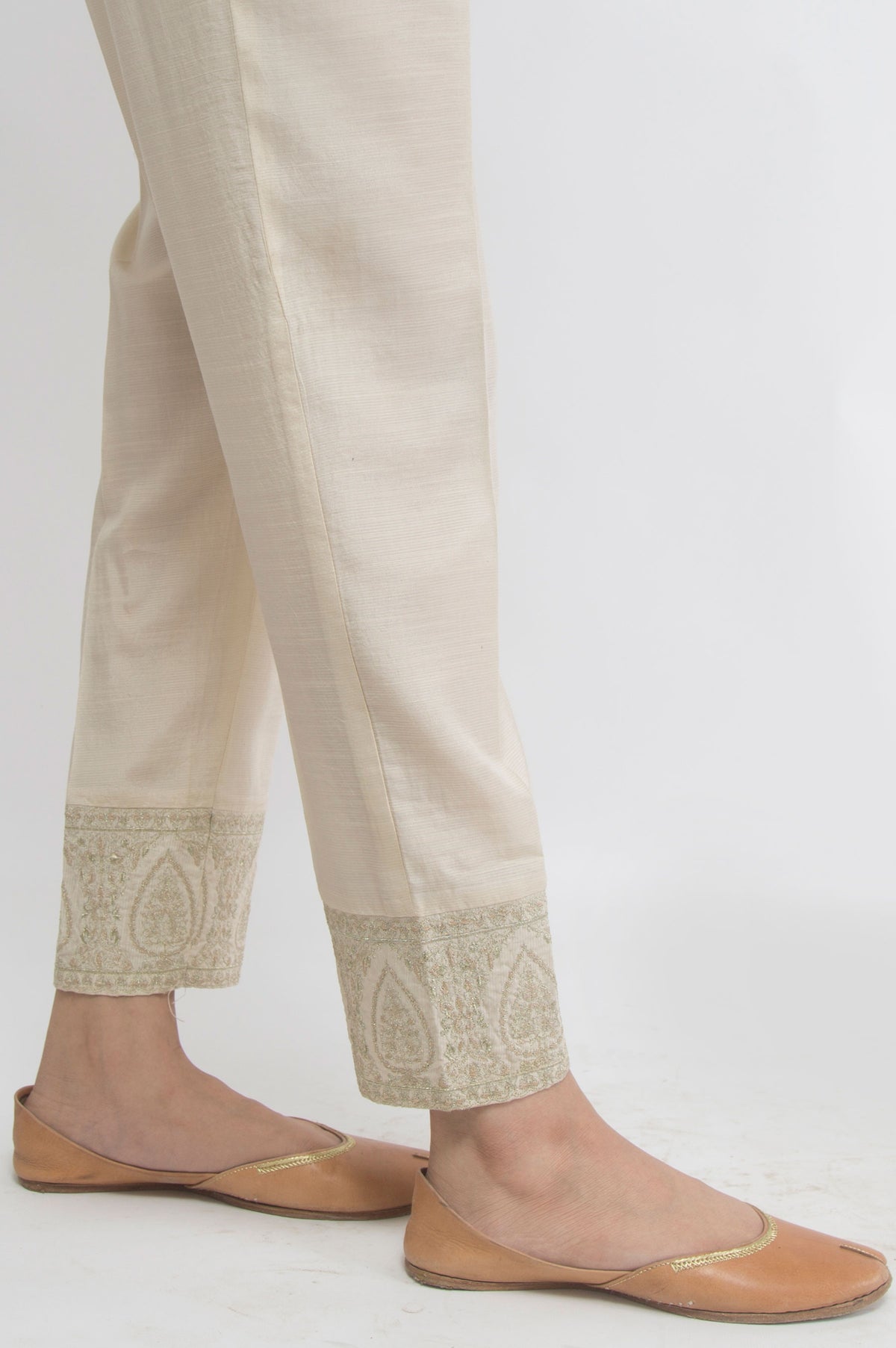 Embroidered Raw Silk Pants - Light Beige