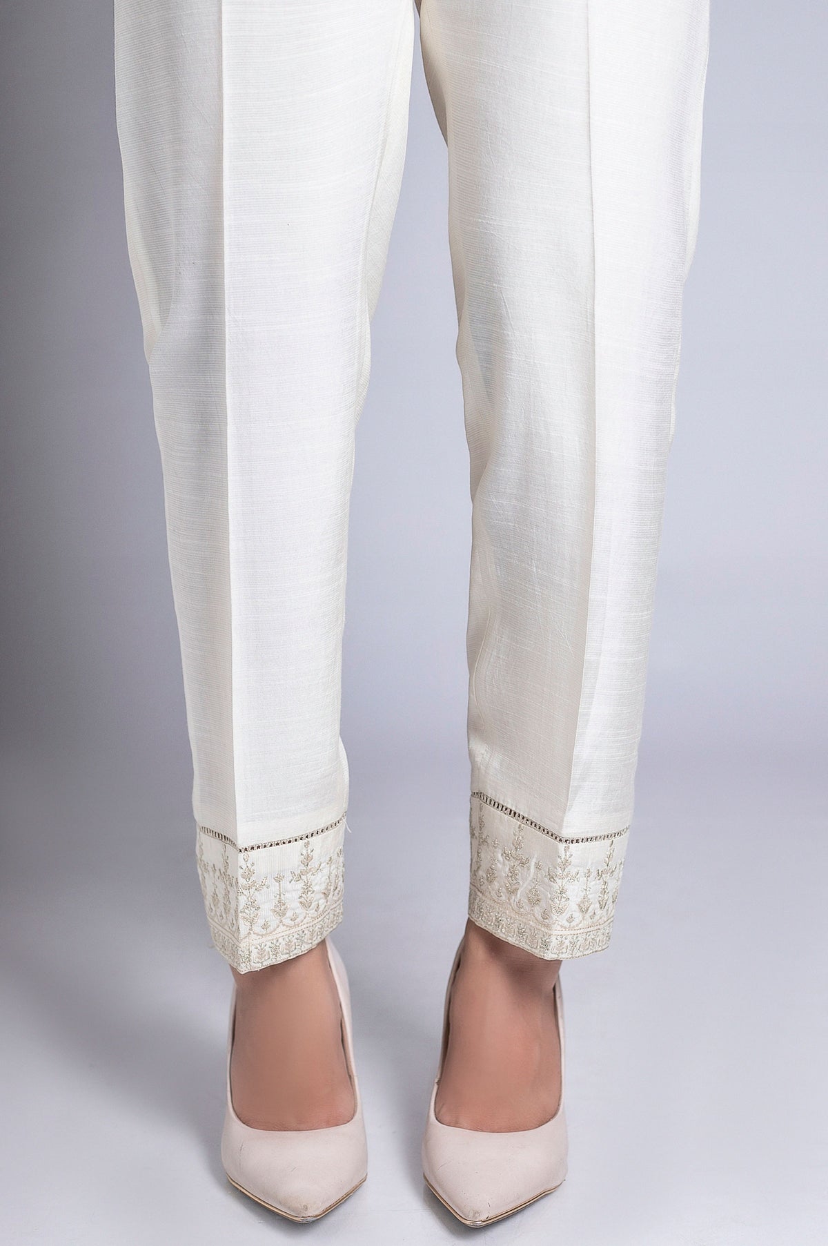 Embroidered Cigarette Pants - Beige