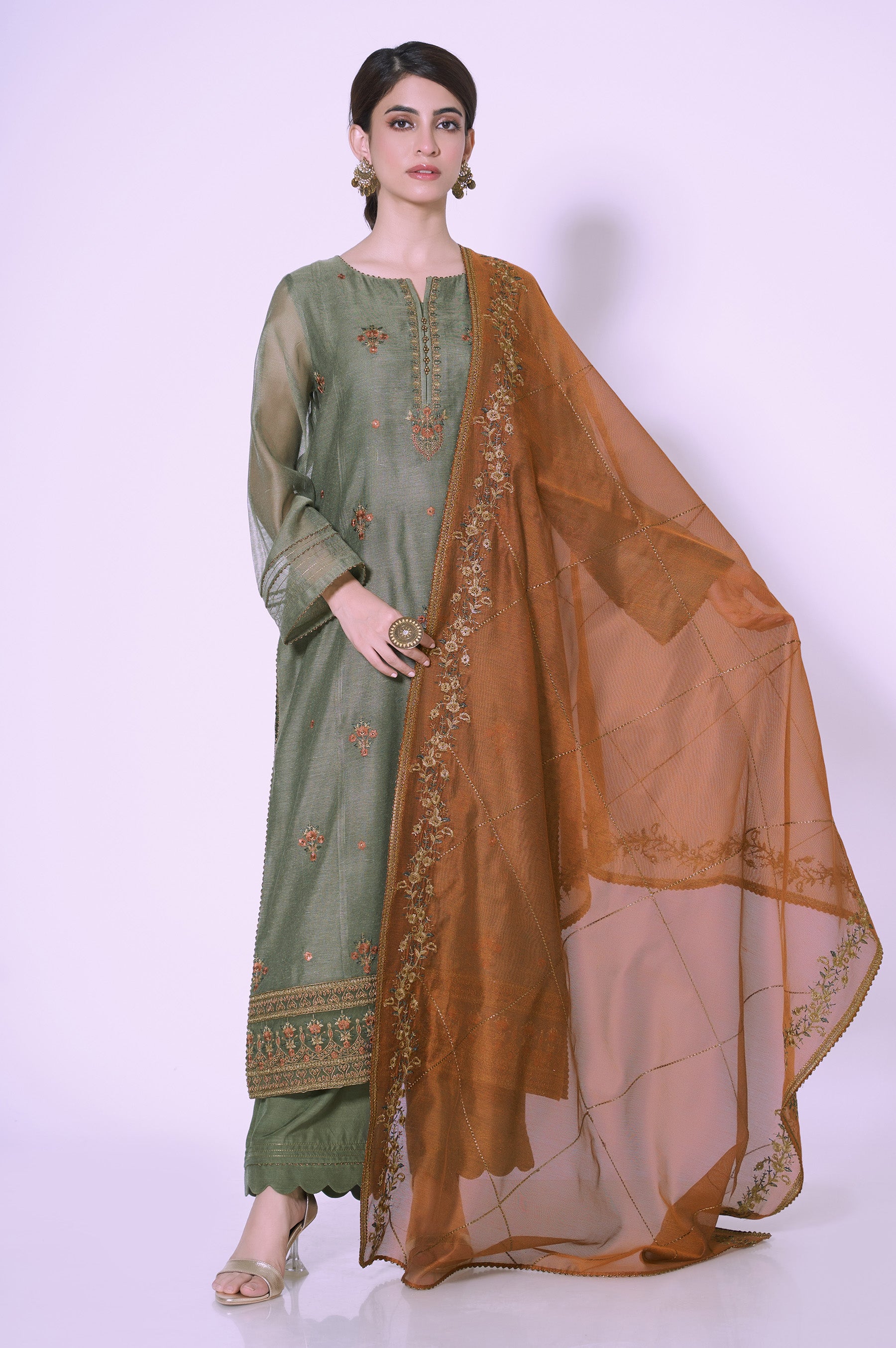 3 Piece Unstitched Embroidered Khadi Net Suit